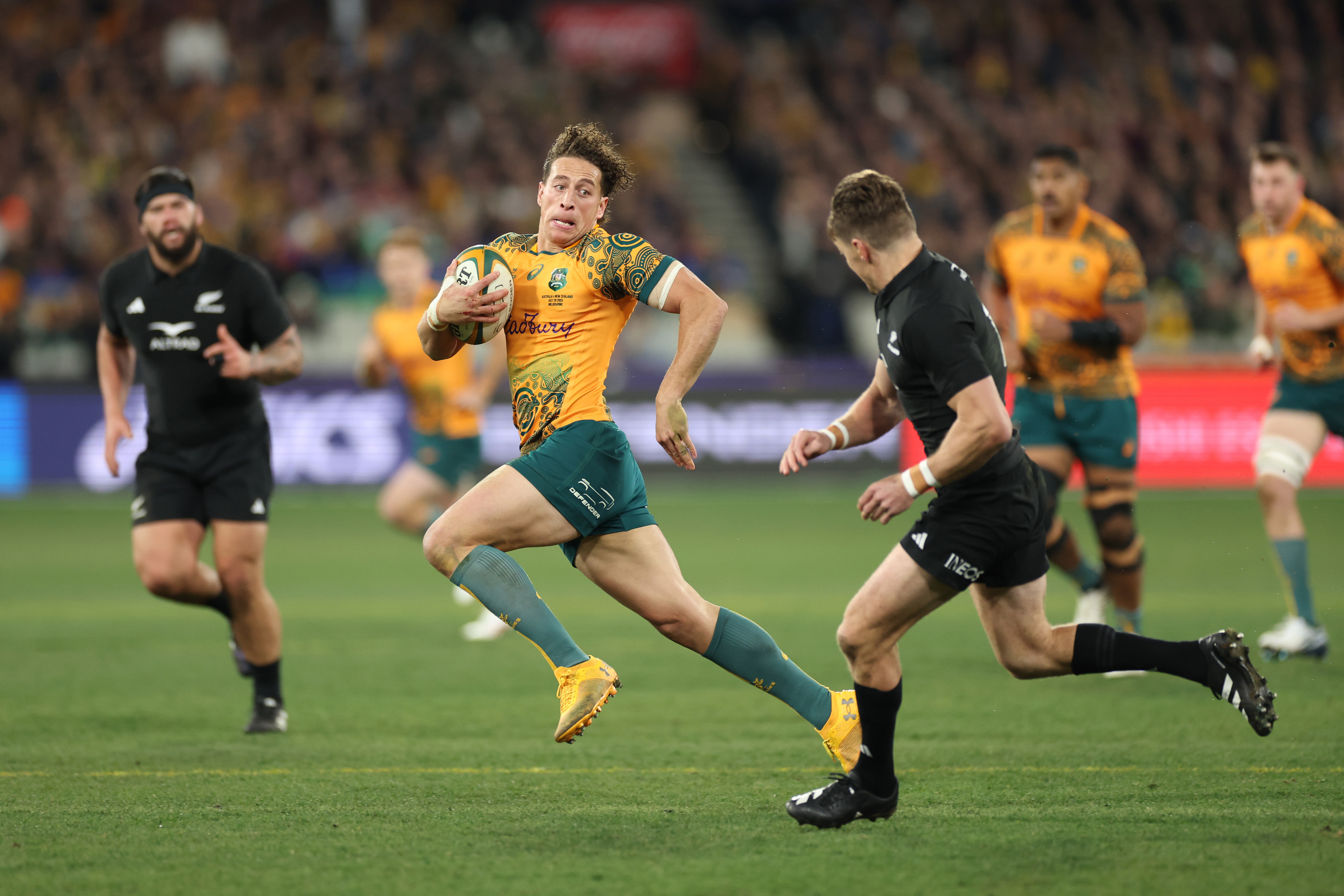 Mark Nawaqanitawase of the Wallabies runs with the ball during the The Rugby Championship & Bledisloe Cup match between the Australia Wallabies and the New Zealand All Blacks at Melbourne Cricket Ground.