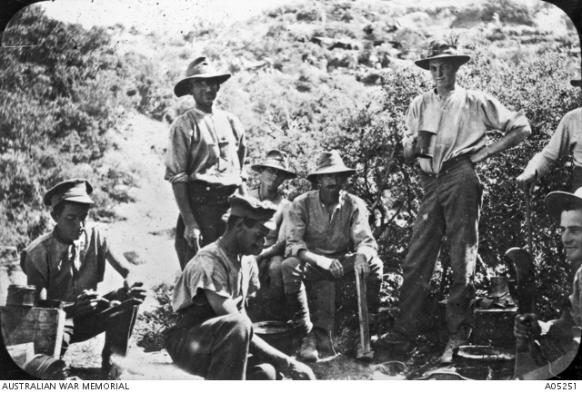 A group of Anzacs making a meal at Gallipoli 1915.