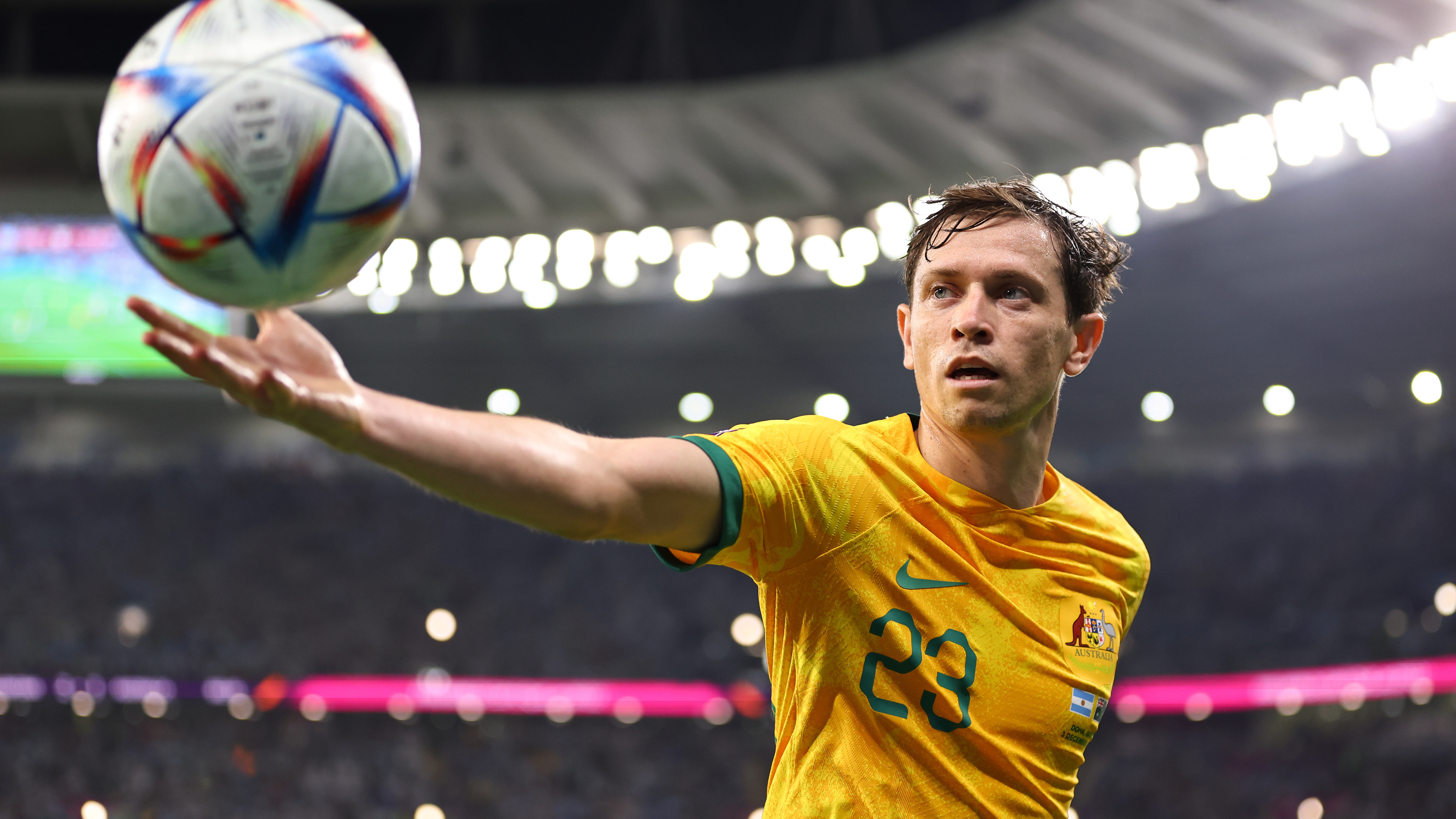Craig Goodwin of Australia during the FIFA World Cup Qatar 2022 Round of 16 match between Argentina and Australia at Ahmad Bin Ali Stadium on December 3, 2022 in Doha, Qatar. (Photo by Robbie Jay Barratt - AMA/Getty Images)
