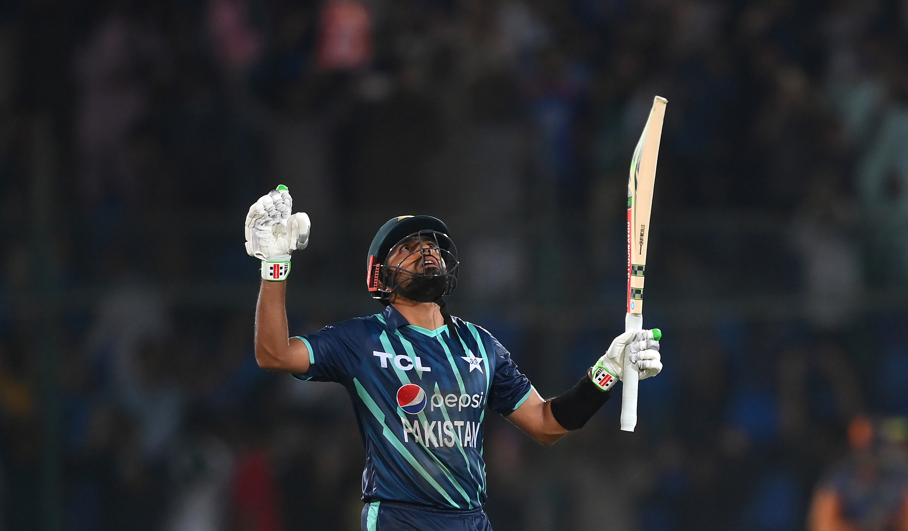 Babar Azam of Pakistan celebrates victory after the 2nd IT20 match between Pakistan and England on September 22, 2022 in Karachi, Pakistan. (Photo by Alex Davidson/Getty Images)