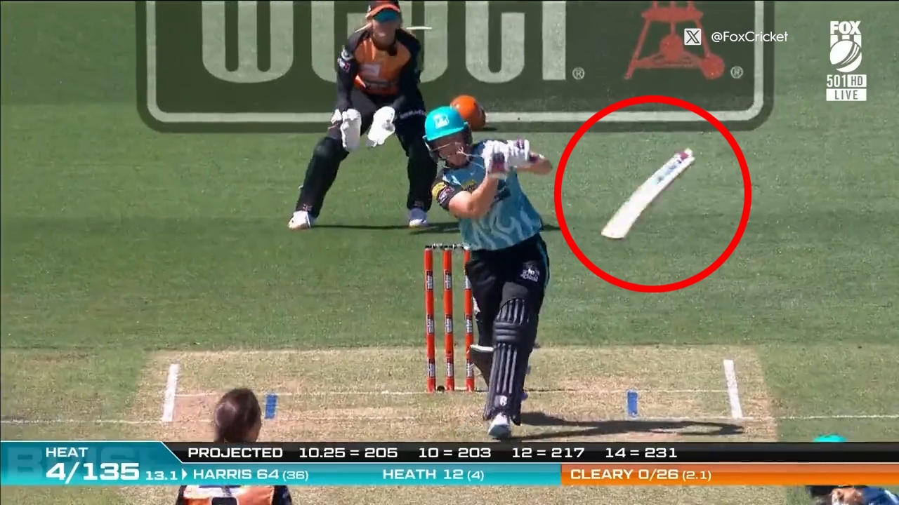 Grace Harris breaks her bat during the WBBL match between the Perth Scorchers and the Brisbane Heat at North Sydney Oval.