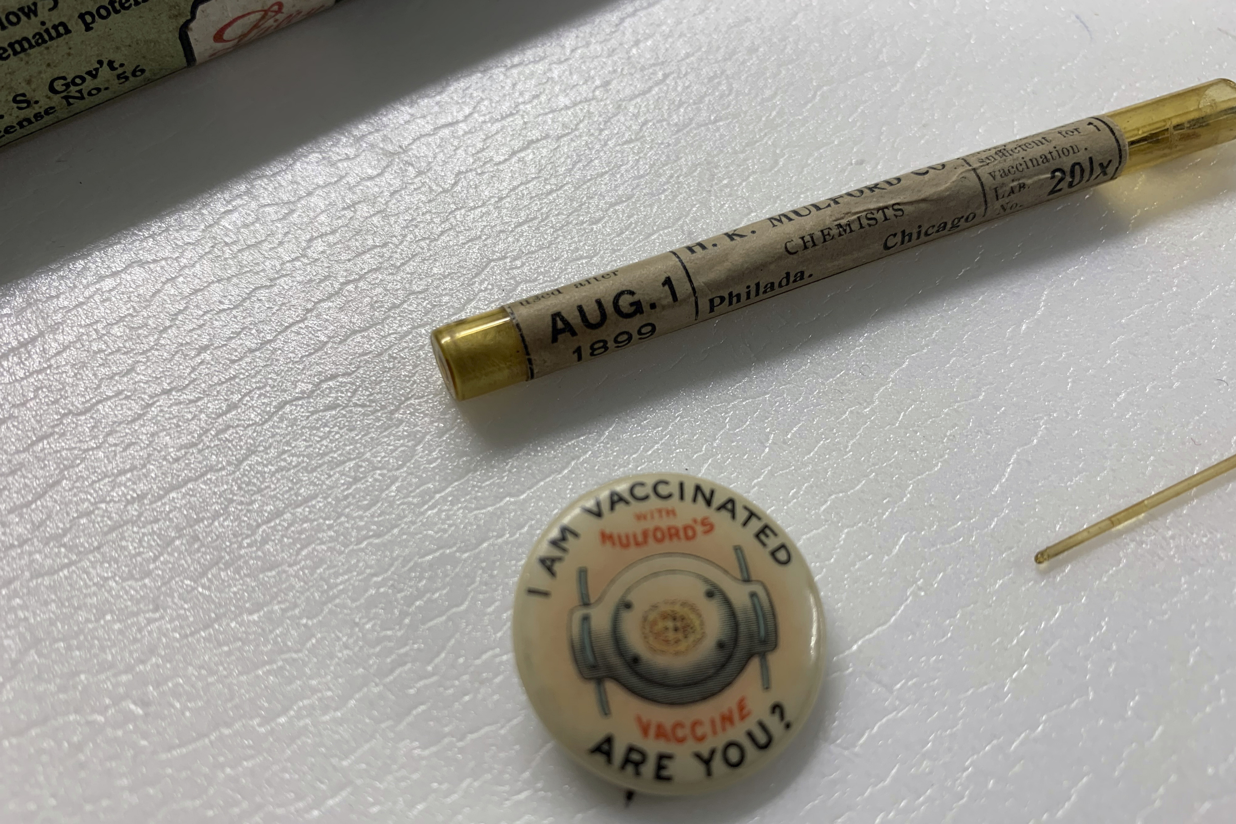 This badge declaring "I'm vaccinated! Are you?" that dates back to a 1950s polio vaccination campaign is photographed in Washington, Monday, March 8, 2021. 