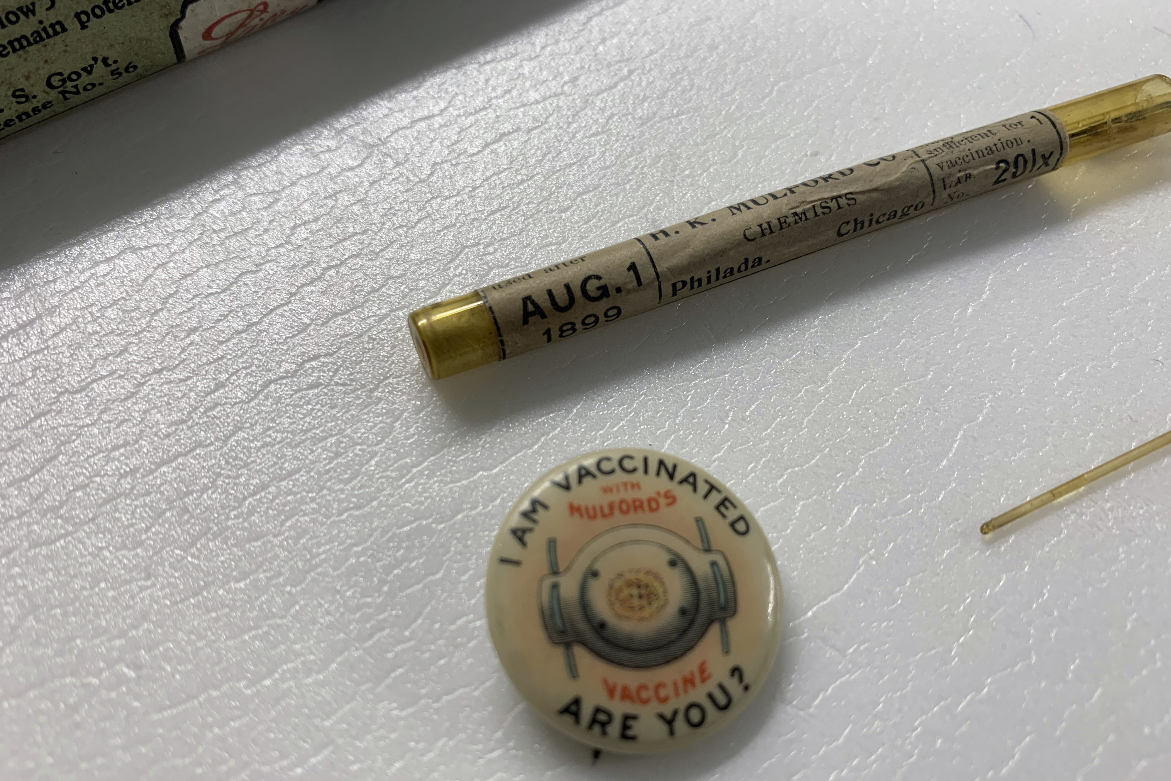 This badge declaring "I'm vaccinated! Are you?" that dates back to a 1950s polio vaccination campaign is photographed in Washington, Monday, March 8, 2021.