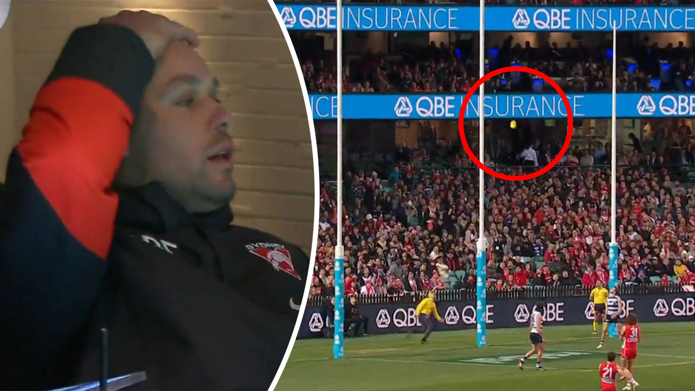 Lance Franklin reacts to Tom Hickey's shocking miss in the draw between the Swans and Geelong at the SCG.
