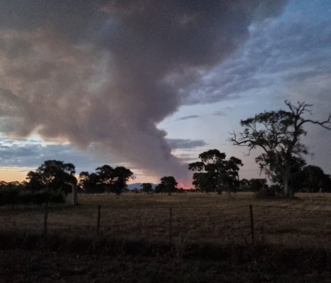 GRAMPAINS FIRE, VICTORIA: View of the Bornes Hill (Brady Swamp) fire from the intersection of Wyselaskie & Mitchell Sts (behind the old Uniting Church) here in Glenthompson. 25.12.24