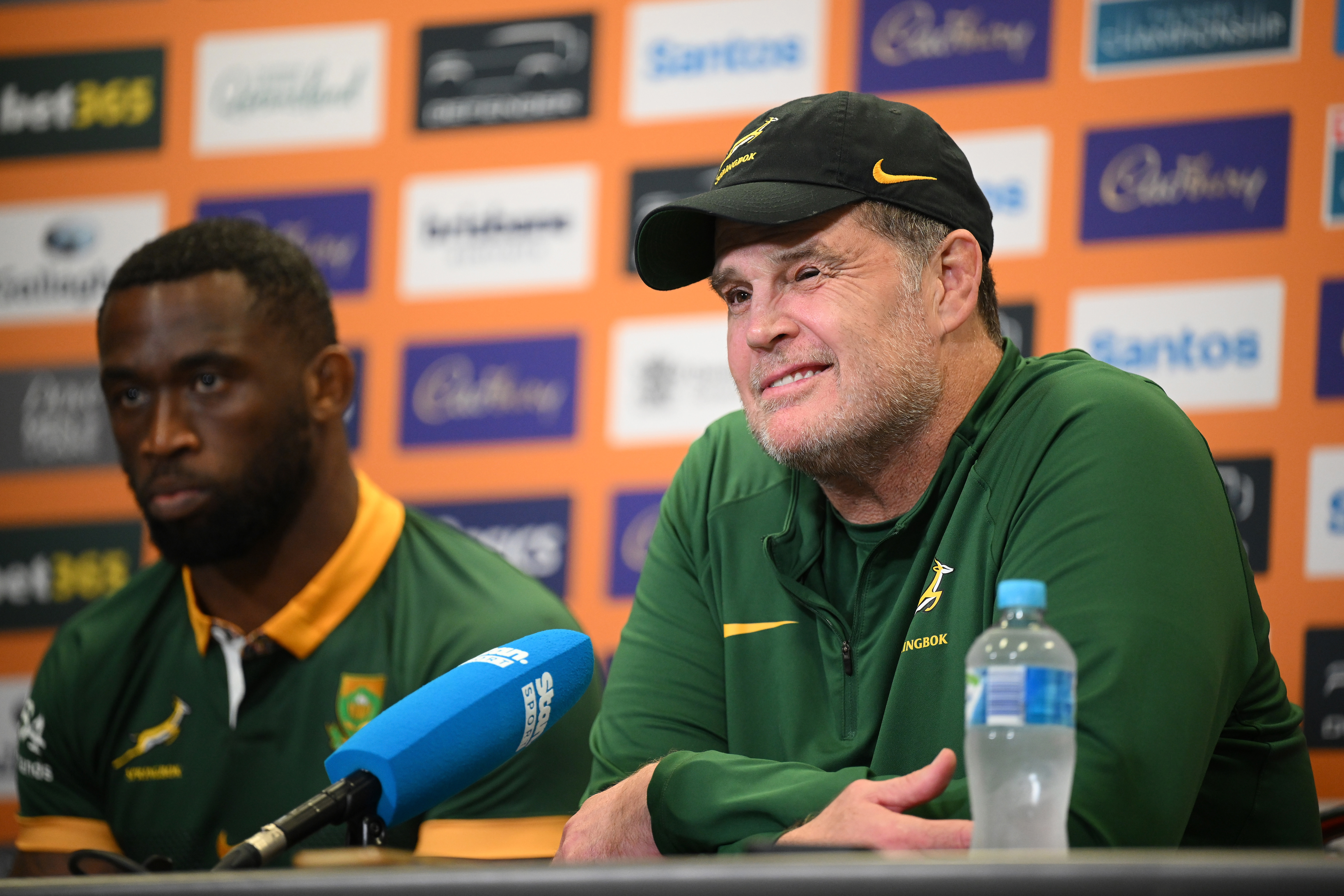 Rassie Erasmus speaks during a press conference at Suncorp Stadium.