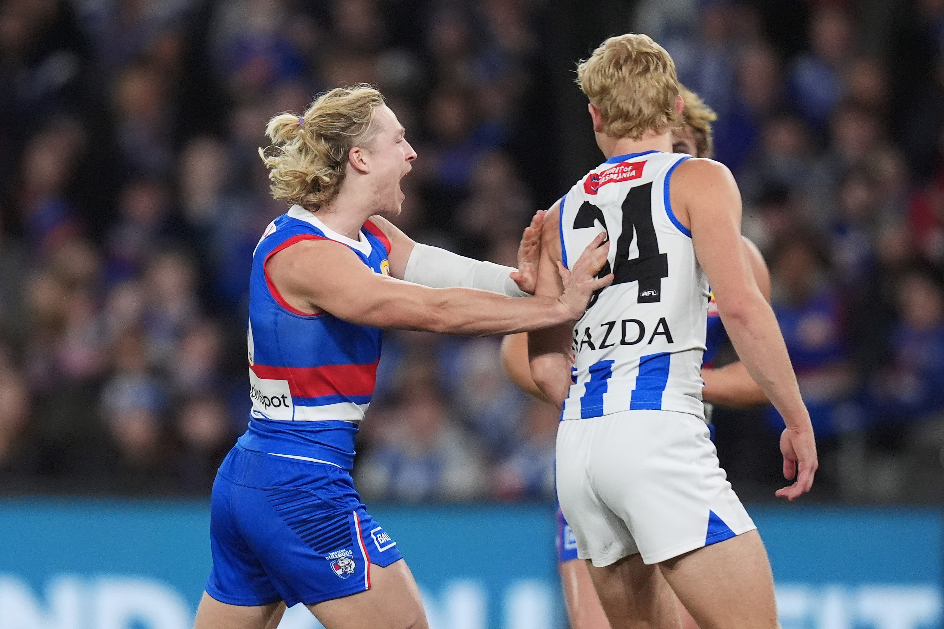 Cody Weightman shoves Jackson Archer after kicking a goal during the round 16 AFL match between the North Melbourne Kangaroos and the Western Bulldogs.