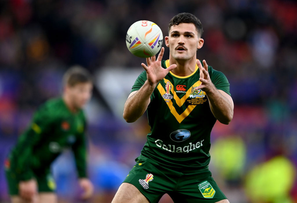 Nathan Cleary of Australia warms up.