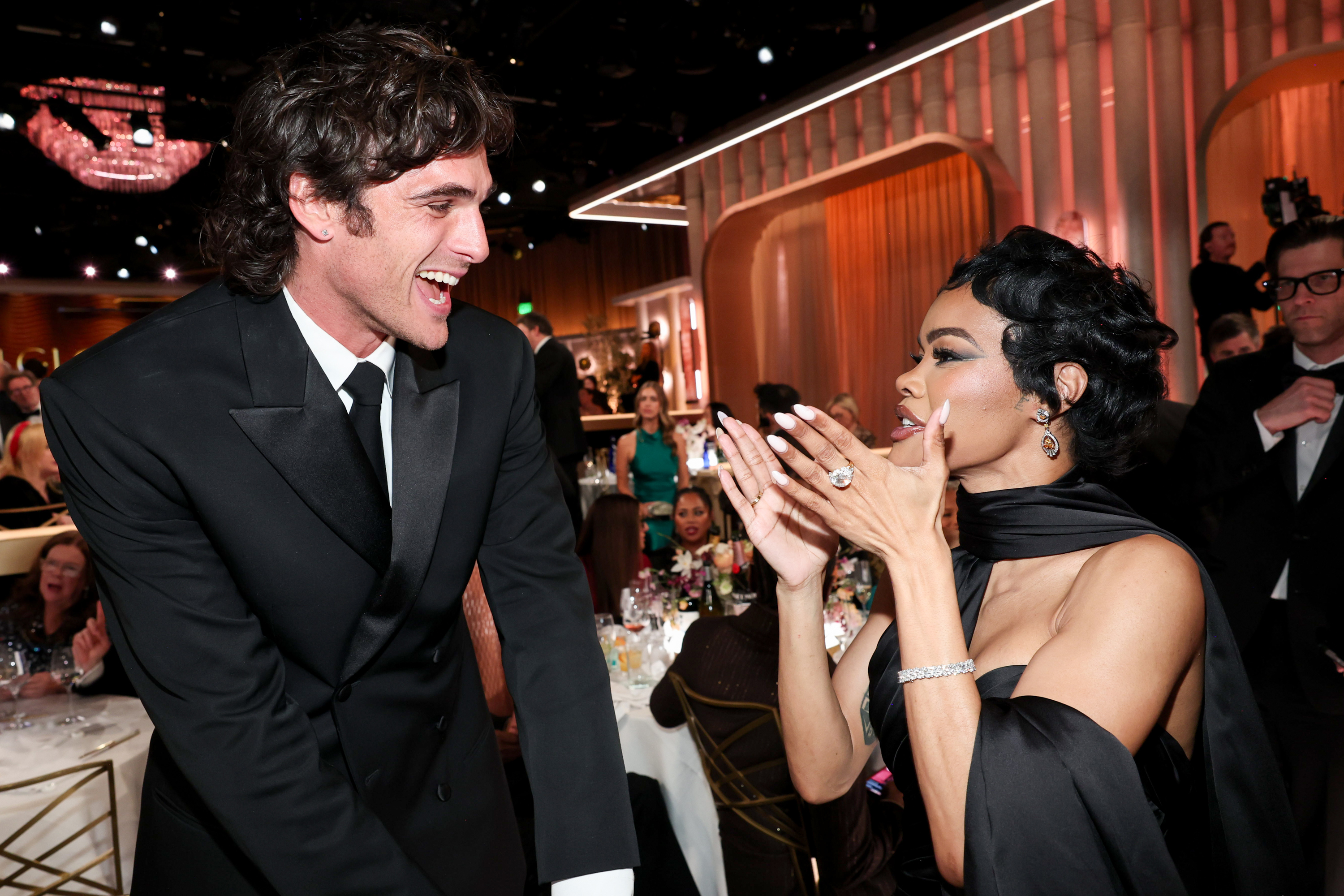Jacob Elordi and Teyana Taylor at the 83rd Annual Golden Globes held at The Beverly Hilton on January 11, 2026 in Beverly Hills, California. (Photo by Christopher Polk/2026GG/Penske Media via Getty Images)