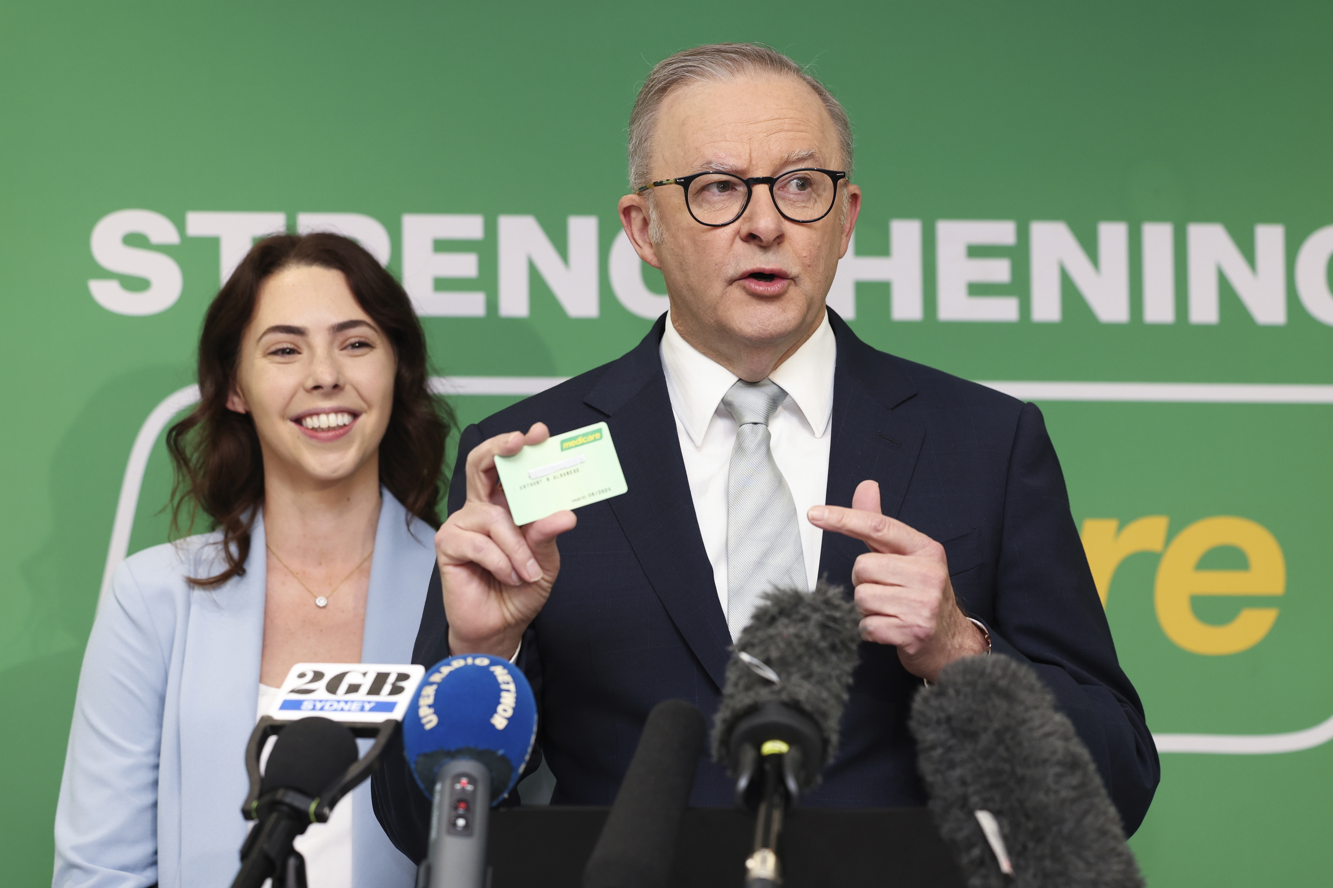 Labor candidate for Longman, Rhiannyn Douglas and Prime Minister Anthony Albanese during a press conference during a visit to the Morayfield Medicare Urgent Care Clinic, in the electorate of Longman, in Morayfield, Queensland, on Friday 2 May, during the 2025 federal election campaign