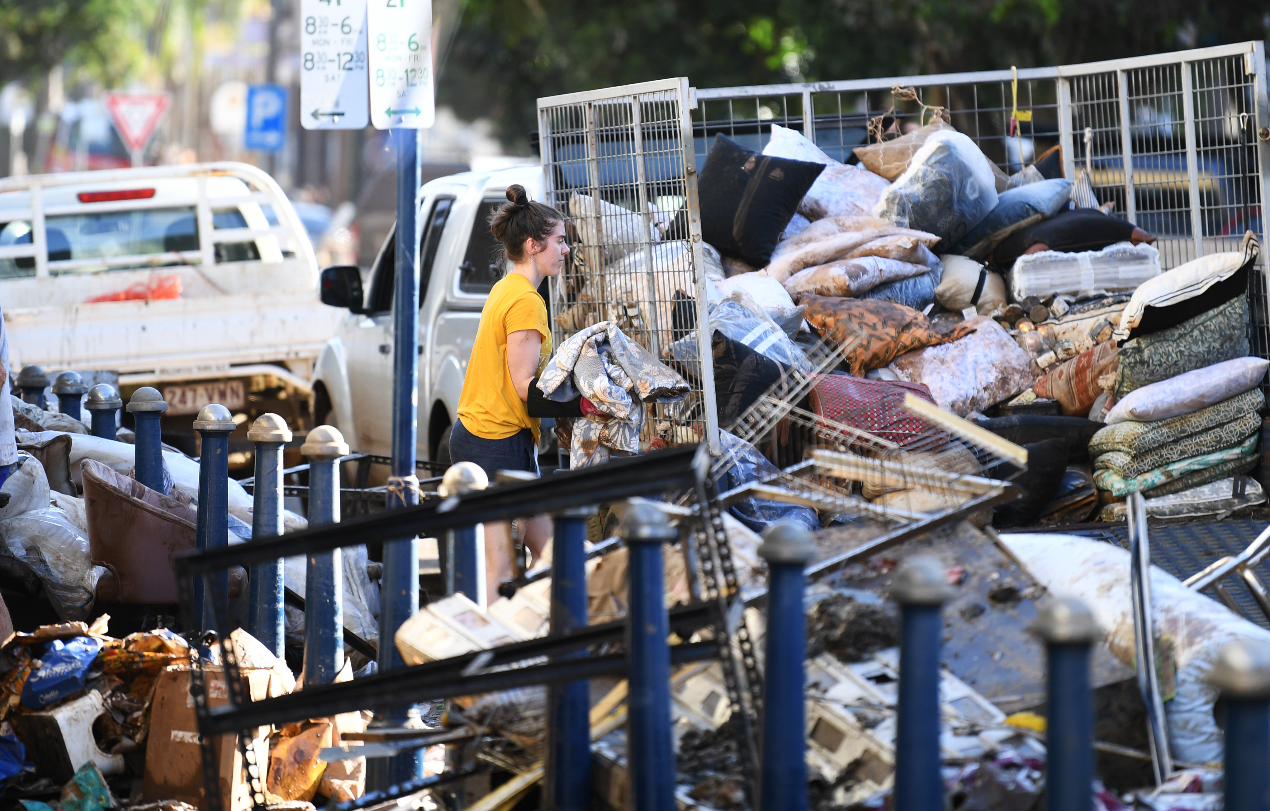 LISMORE, AUSTRALIA - MARCH 02: Piles of destroyed goods line the flood affected city centre on March 02, 2022 in Lismore, Australia. Several northern New South Wales towns have been forced to evacuate as Australia faces unprecedented storms and the worst flooding in a decade. (Photo by Dan Peled/Getty Images)