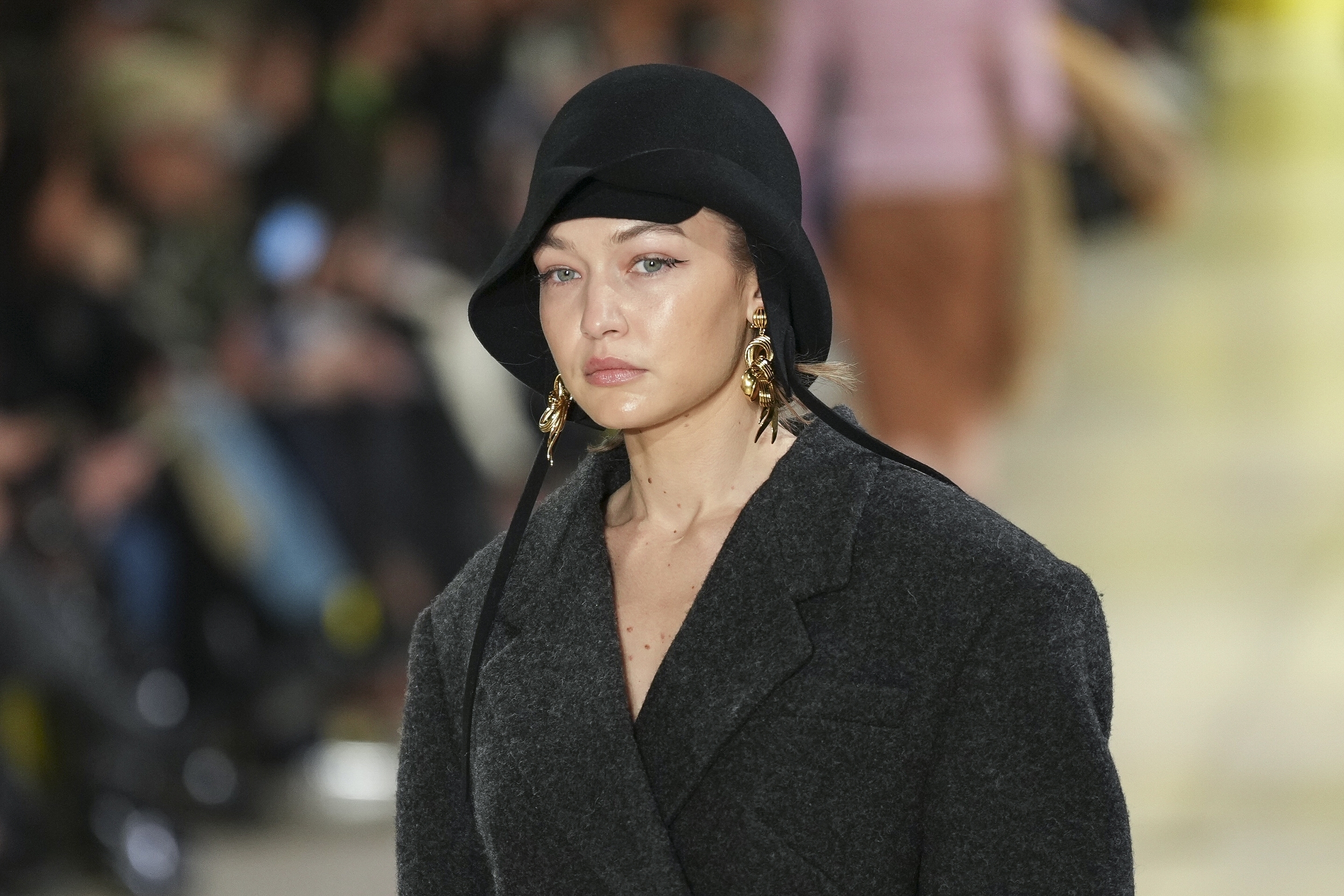Gigi Hadid wears a creation as part of the Miu Miu Fall/Winter 2025-2026 Womenswear collection presented Tuesday, March 11, 2025. in Paris. 