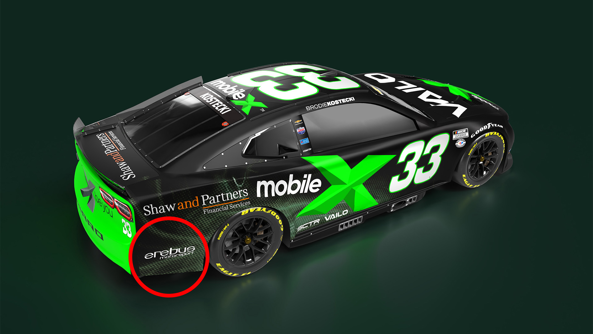 The first render of Brodie Kostecki's Richard Childress Racing-run Chevrolet Camaro with Erebus Motorsport sponsorship.