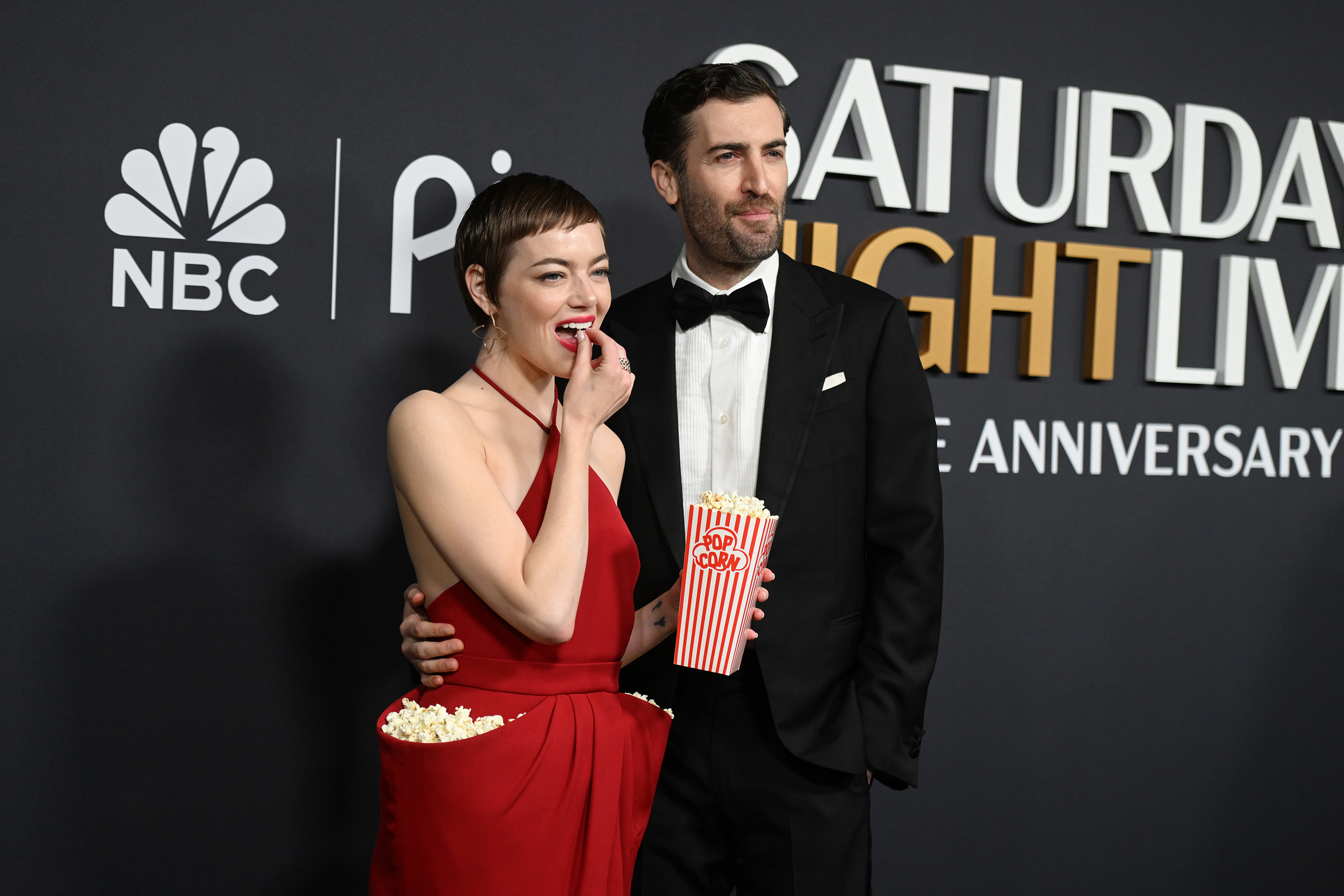 SNL50: THE RED CARPET -- Pictured: (l-r) Emma Stone and Dave McCary on Sunday, February 16, 2025 --   (Photo by NBC/Noam Galai/NBC via Getty Images)