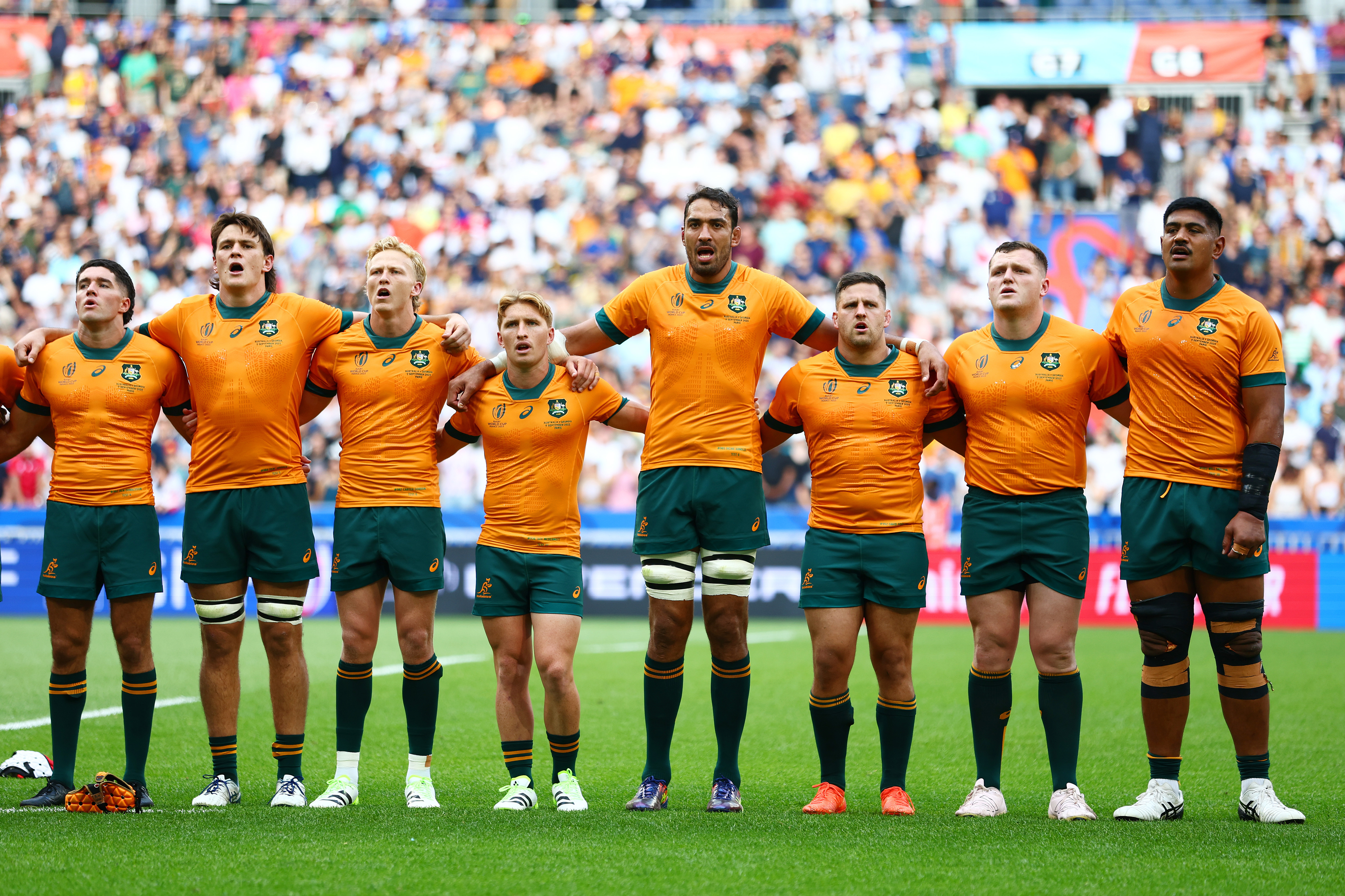 Australia sing the national anthem at Stade de France.