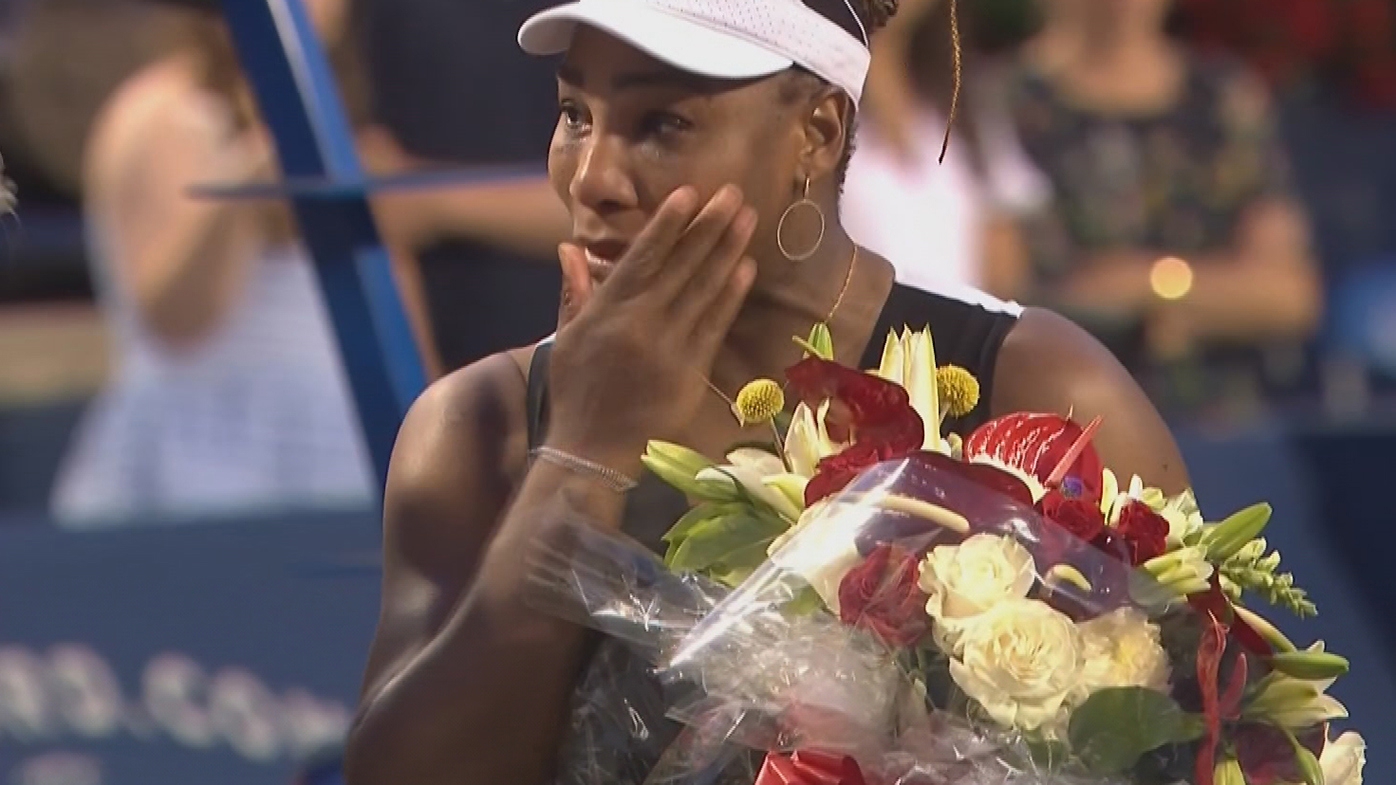 An emotional Serena Williams after being beaten by Belinda Bencic in Toronto.
