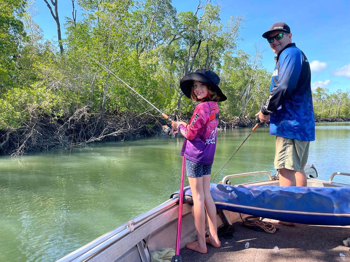 Bradley Jeppesen and daughter Zoey drop lines in NT waters where crocodile numbers have bounced back from near-extinction.