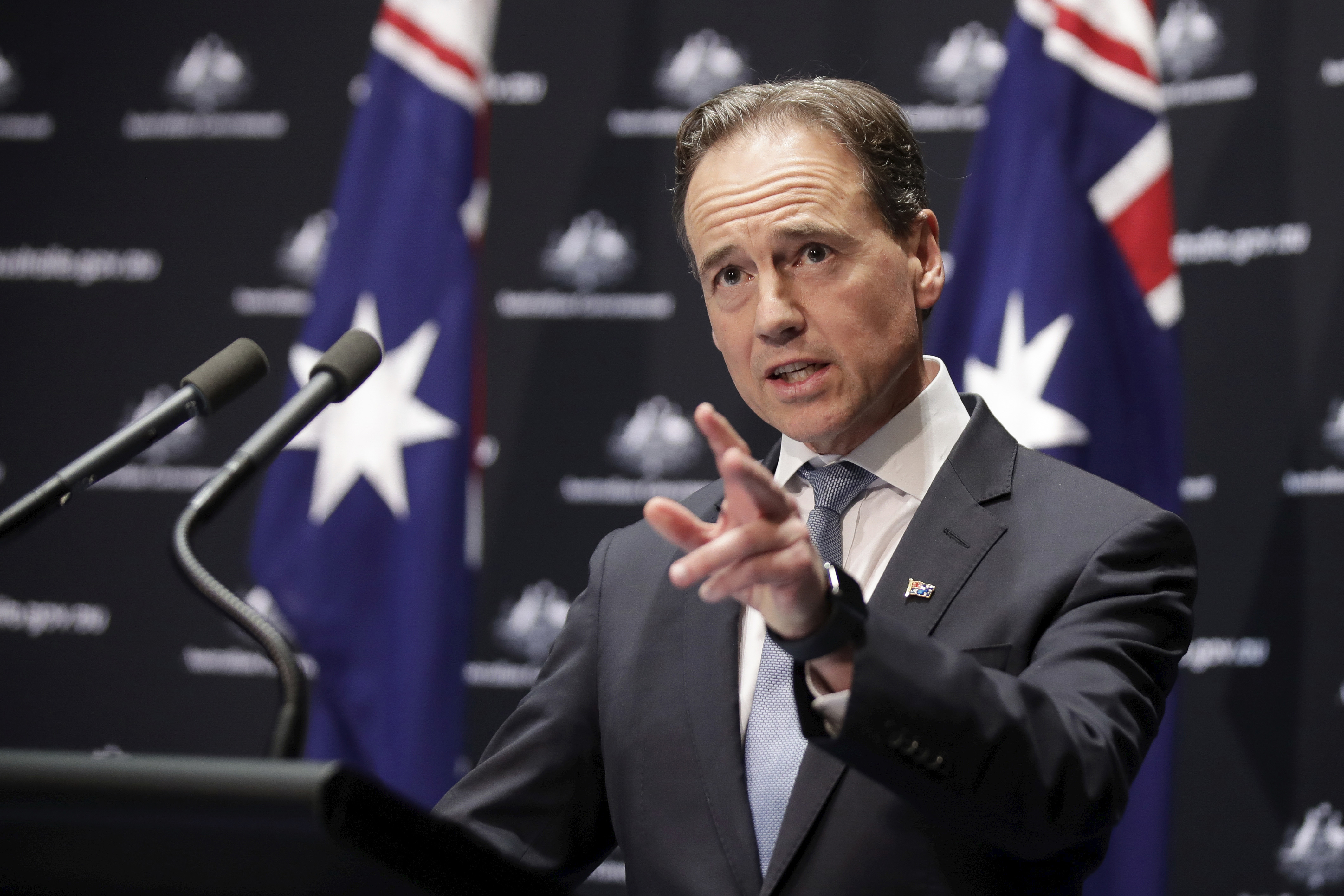 Minister for Health Greg Hunt provides an update on the government's response to the COVID-19 coronavirus pandemic, at Parliament House in Canberra