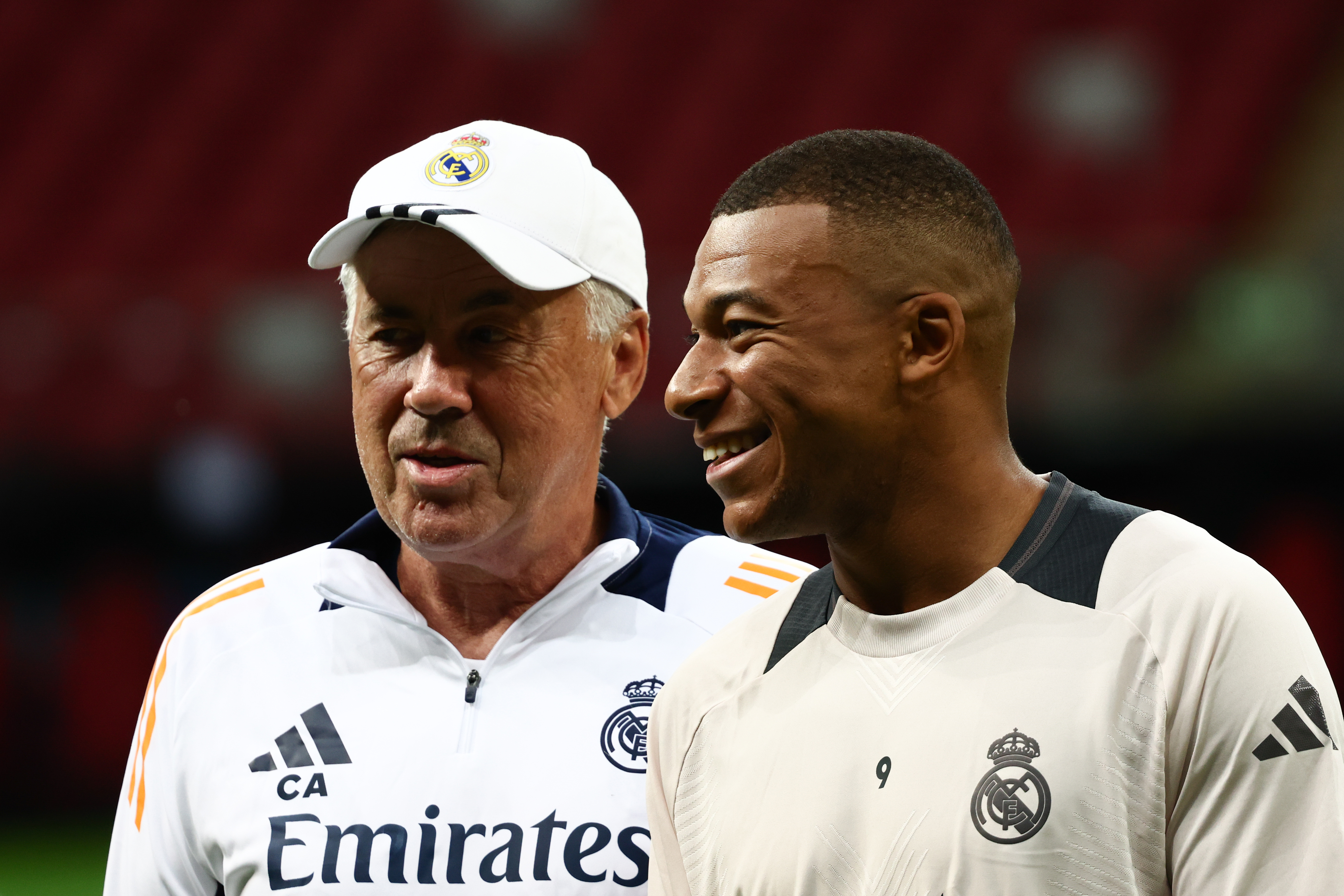 Carlo Ancelotti and Kylian Mbappe during Real Madrid practice.