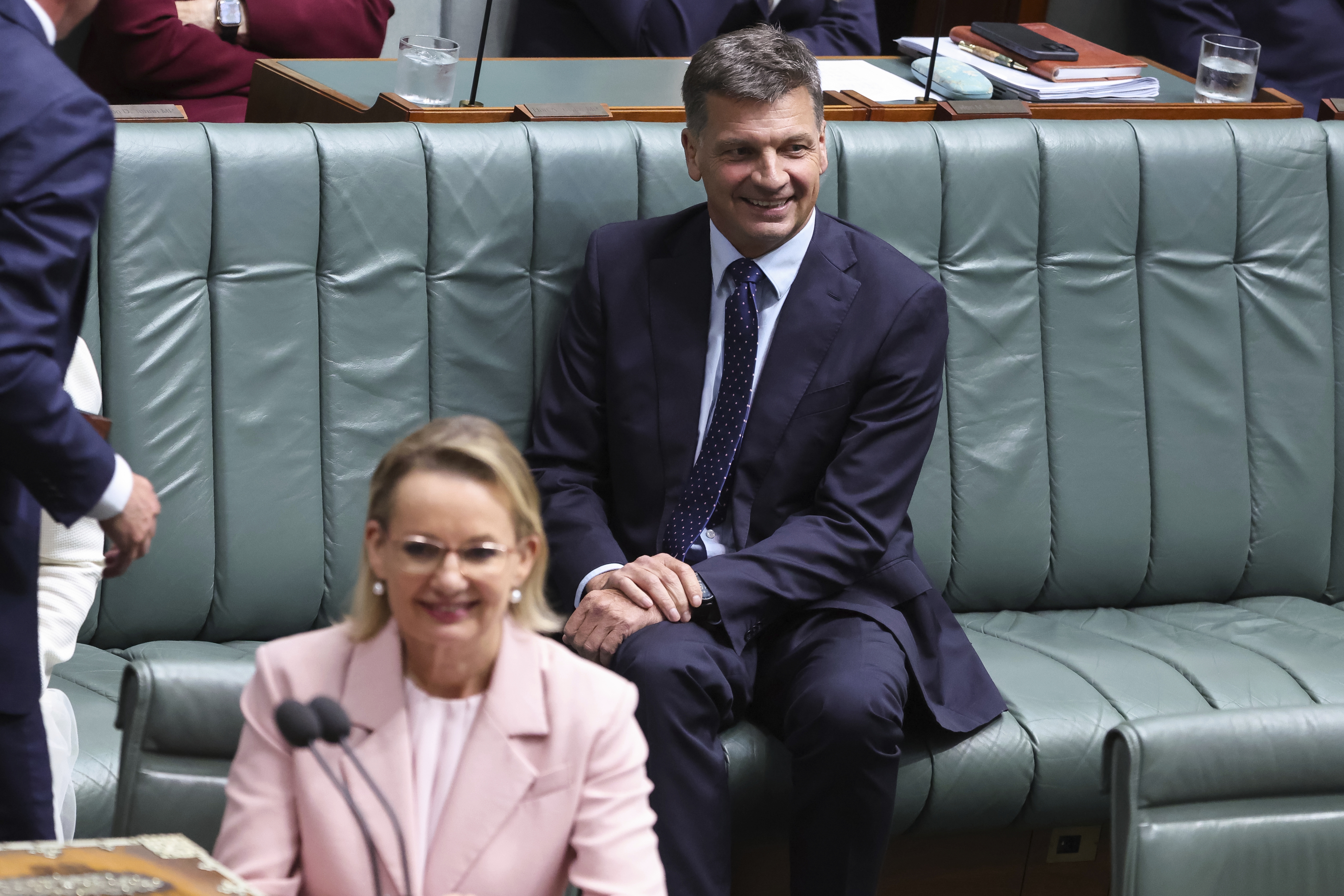 Opposition leader Sussan Ley and Shadow Minister for Defence Angus Taylor take theirs seats for Question Time at Parliament House in Canberra on Monday 9 February 2026. fedpol Photo: Alex Ellinghausen