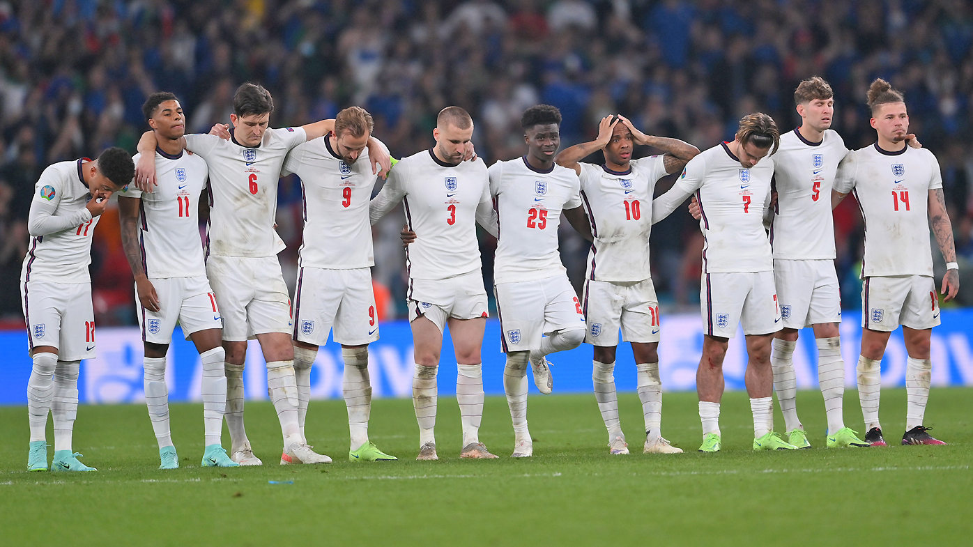 England look dejected during the penalty shoot 