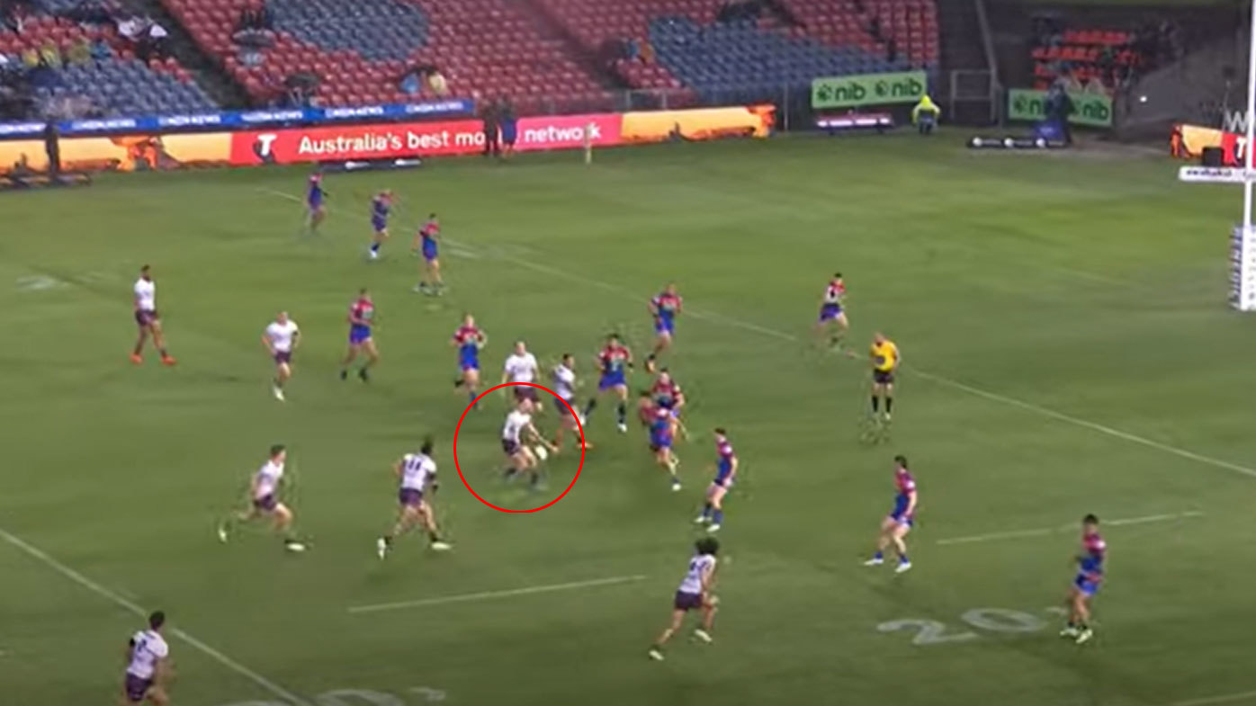 Daly Cherry-Evans (circled in red) puts in a kick to set up Morgan Harper