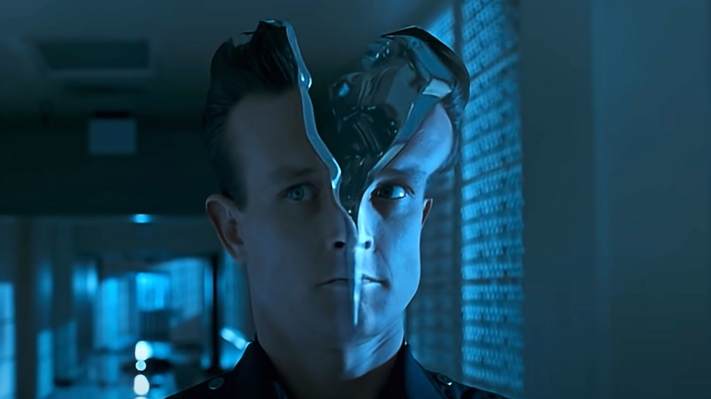 The T-1000, made of virtually indestructible liquid metal, rebuilds itself after being shot in the head.