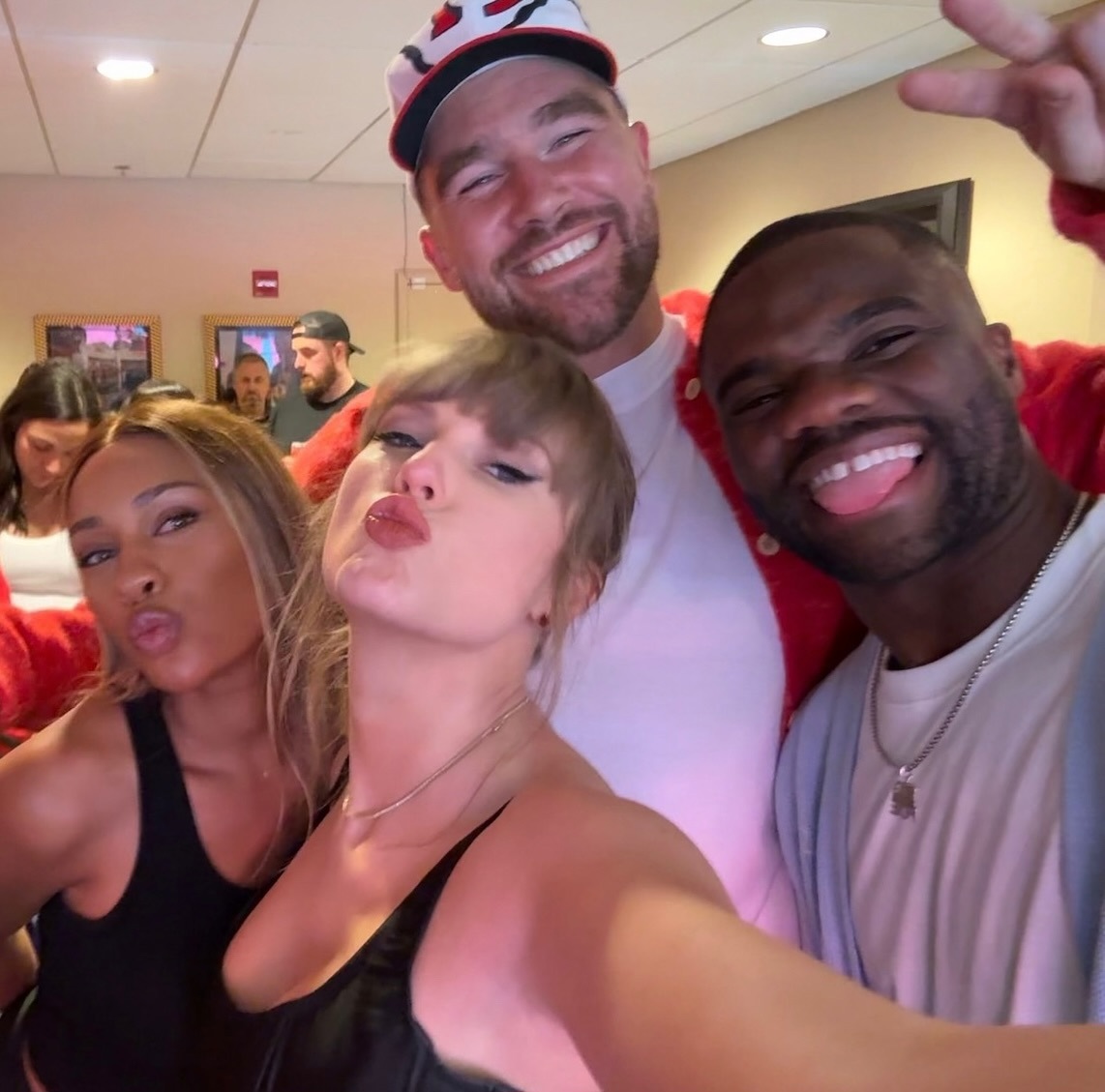 Ayan Broomfield and partner Frances Tiafoe with Taylor Swift and Travis Kelce at a recent NFL game.