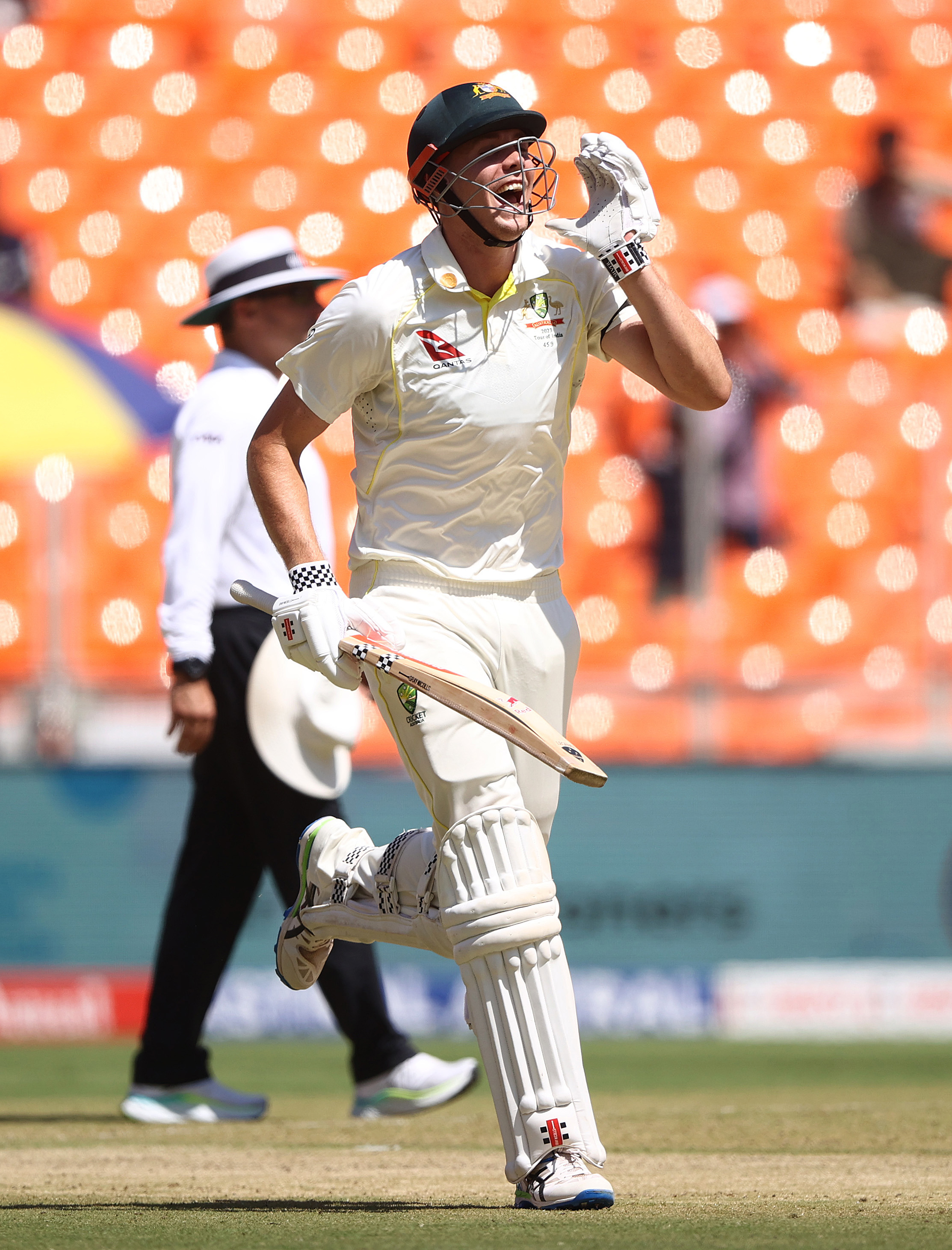 AHMEDABAD, INDIA - MARCH 10: Cameron Green of Australia celebrates after scoring his century during day two of the Fourth Test match in the series between India and Australia at Narendra Modi Stadium on March 10, 2023 in Ahmedabad, India. (Photo by Robert Cianflone/Getty Images)