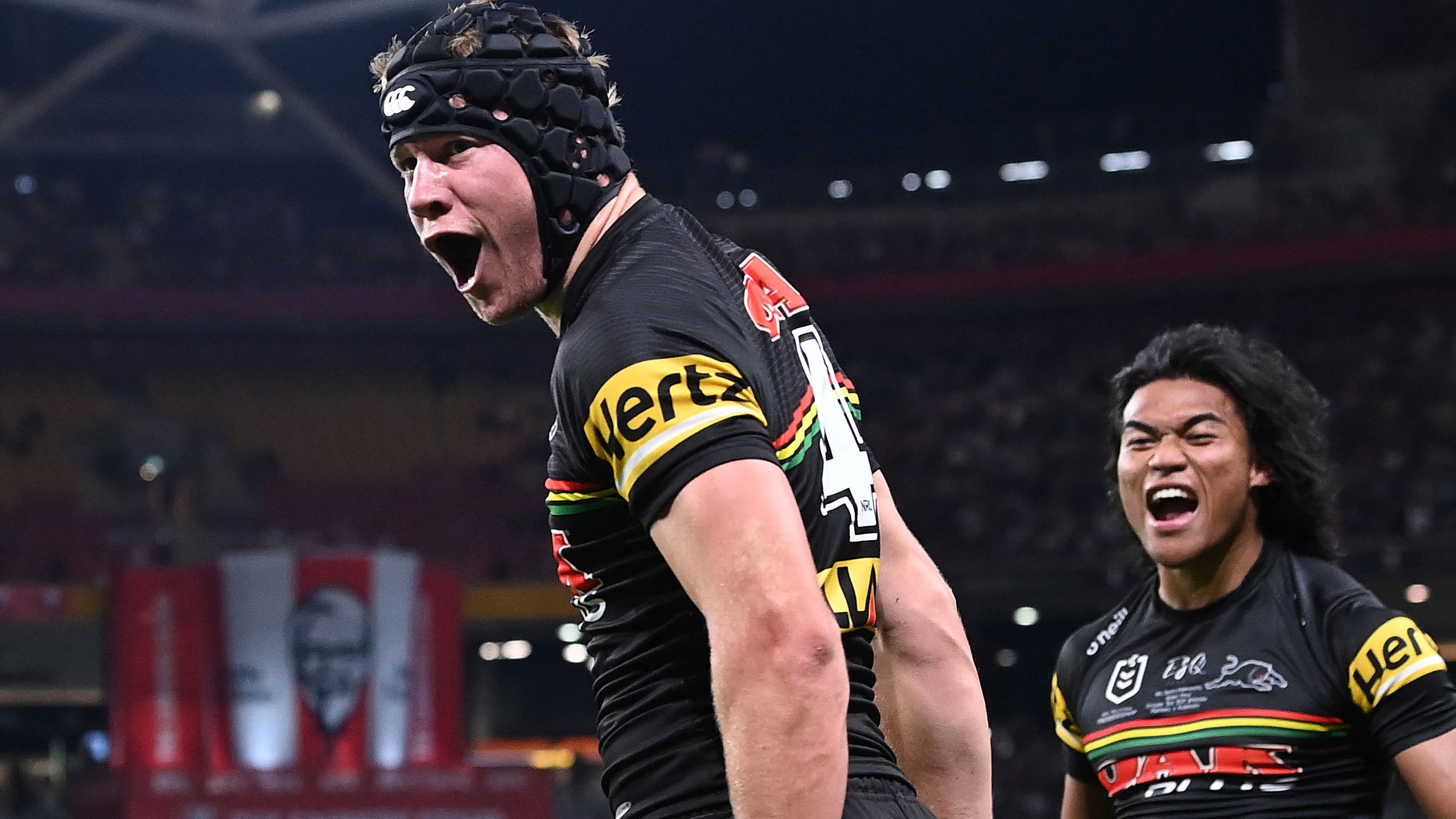 Matt Burton of the Panthers celebrates after scoring the opening try of the NRL grand final.