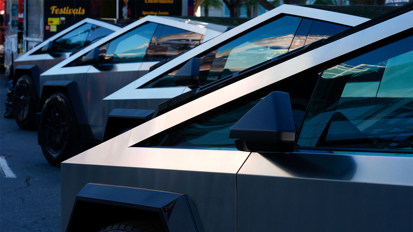 Tesla Cybertrucks are displayed at the AutoMobility LA Auto Show.