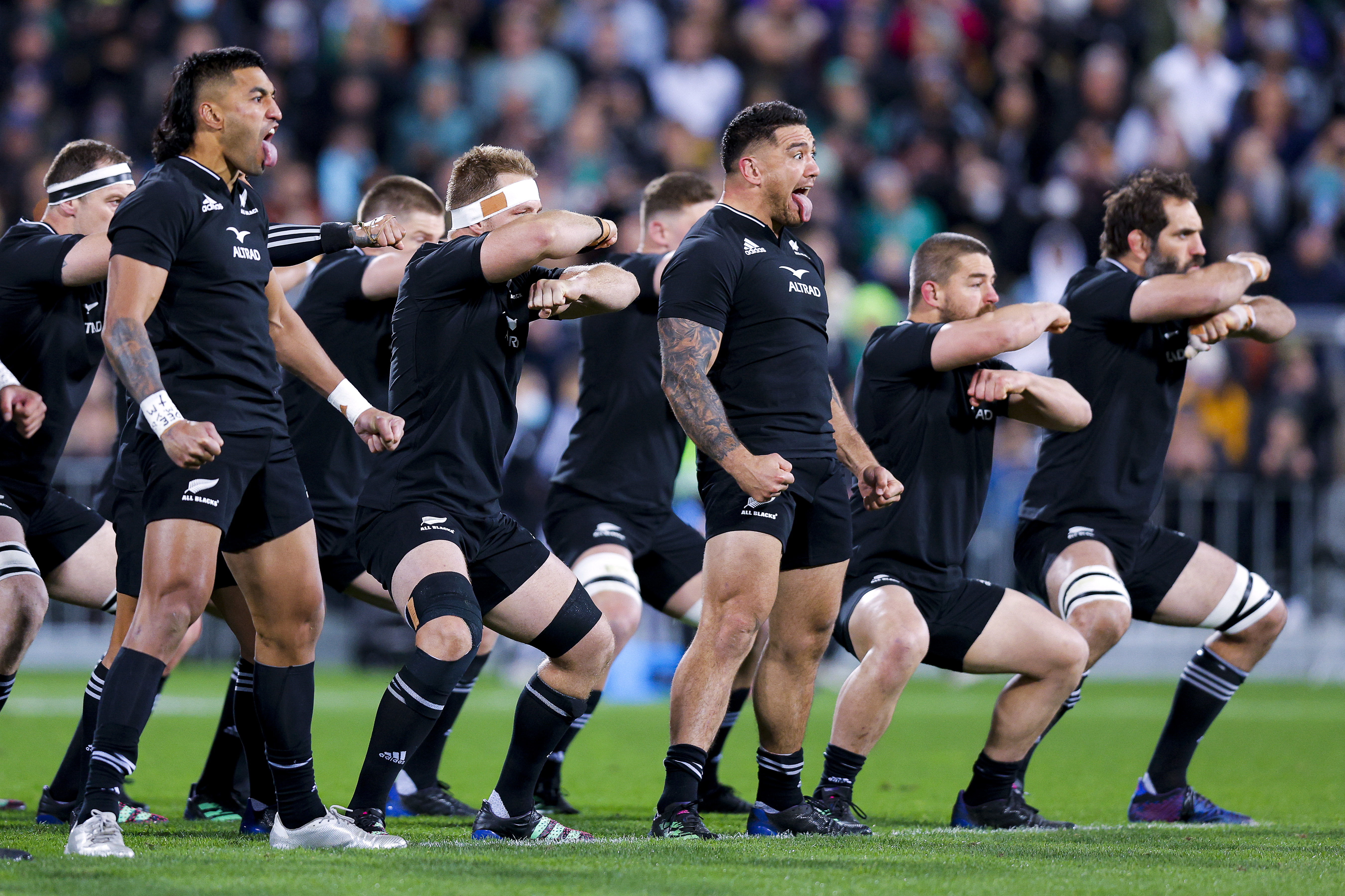 New Zealand players perform a haka at Sky Stadium in Wellington.