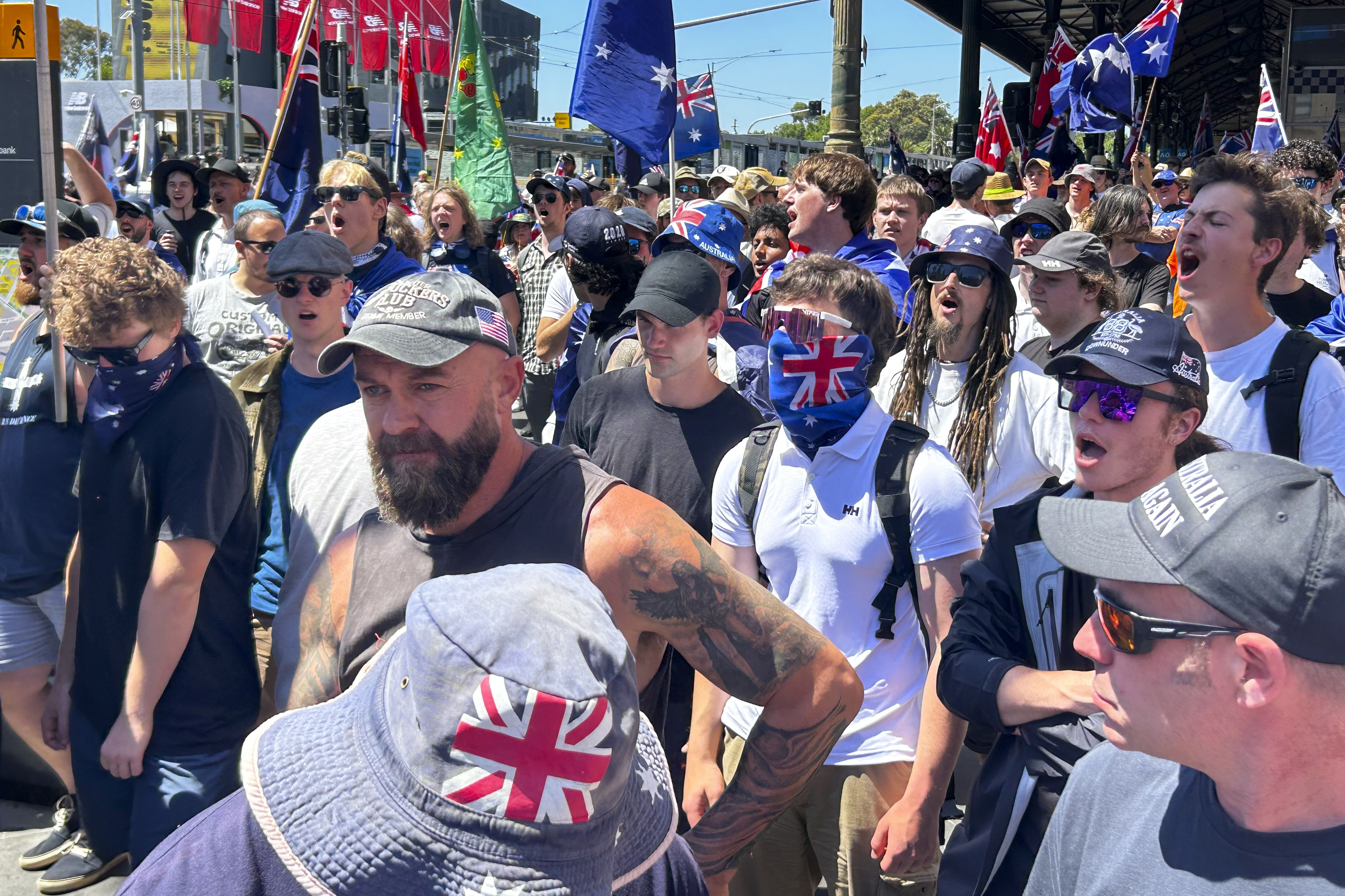 Protesters attend the March for Australia rally on Australia Day in the Melbourne CBD. Photo: Michael Bachelard