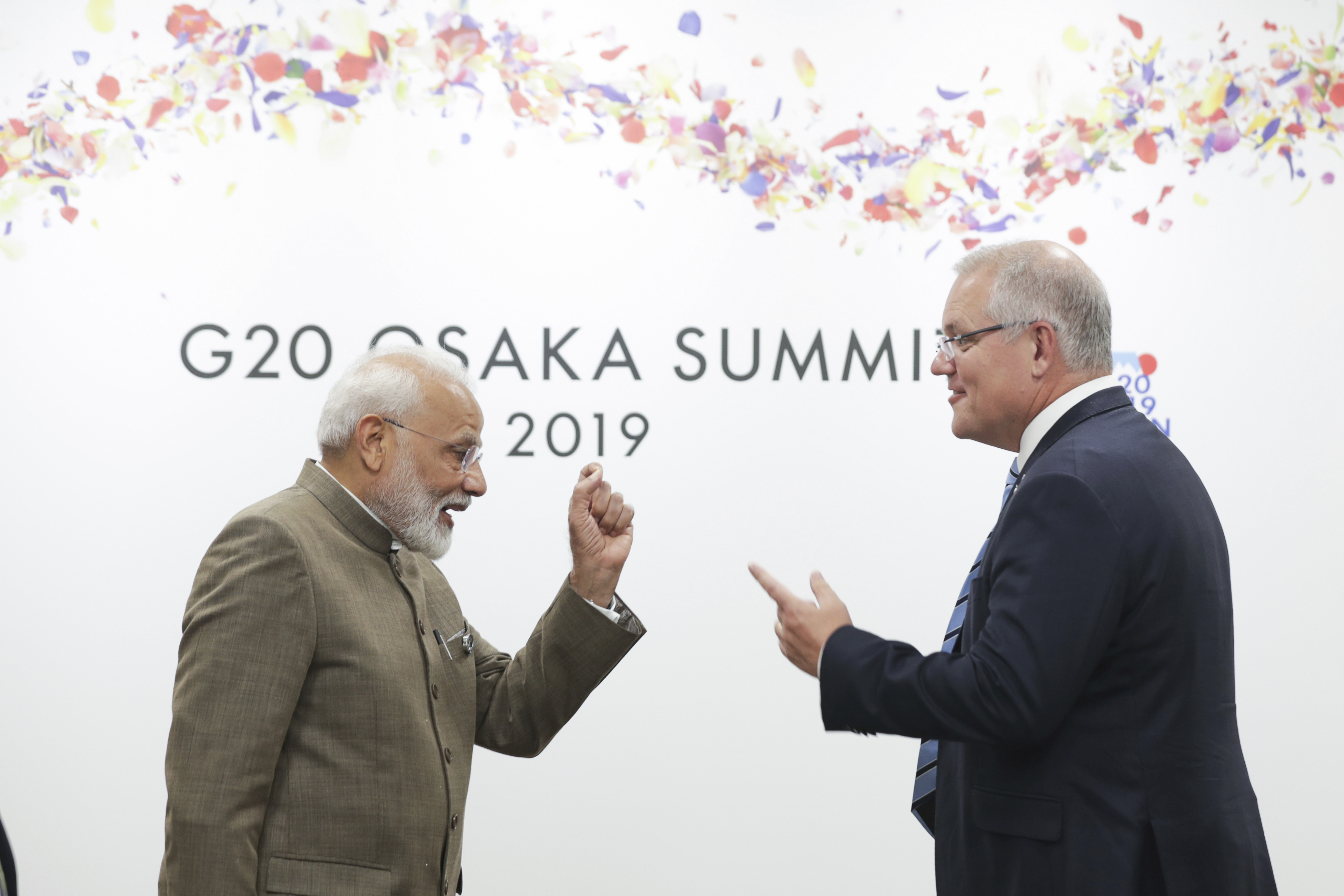 Prime Minister of India Narendra Modi meets with Prime Minister Scott Morrison during a bilateral meeting at the G20 Summit in Osaka, Japan, on Saturday 29 June 2019. fedpol Photo: Alex Ellinghausen