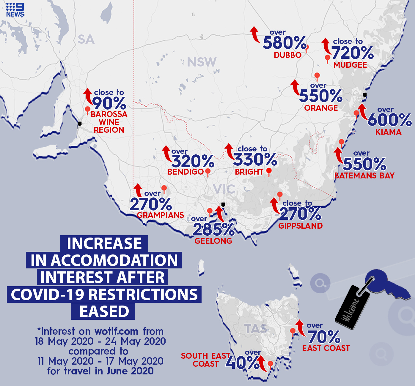 Map showing the towns and locations in NSW, Victoria, South Australia and Tasmania where Australians have been searching for accommodation. 