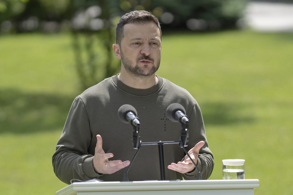 Ukraine's President Volodymyr Zelenskyy speaks at a joint news conference with Slovakia's President Zuzana Caputova, not pictured, in Kyiv Ukraine, Friday, May 10, 2024.