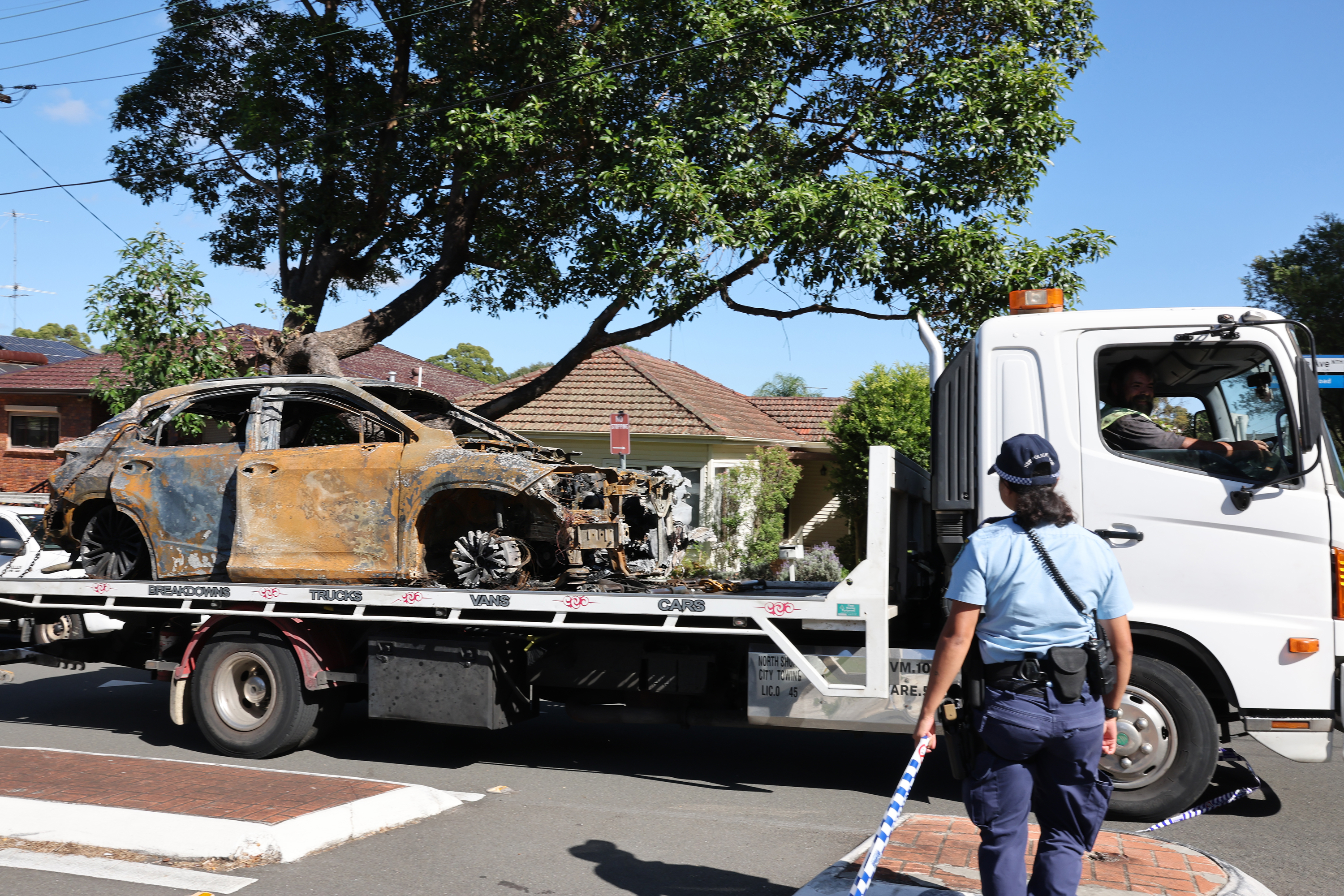 A car is removed from Welfare Ave North in Beverly Hills after a dead body of a woman was found inside. Friday, 18/04/2025. Photo: Dylan Coker / The Sydney Morning Herald