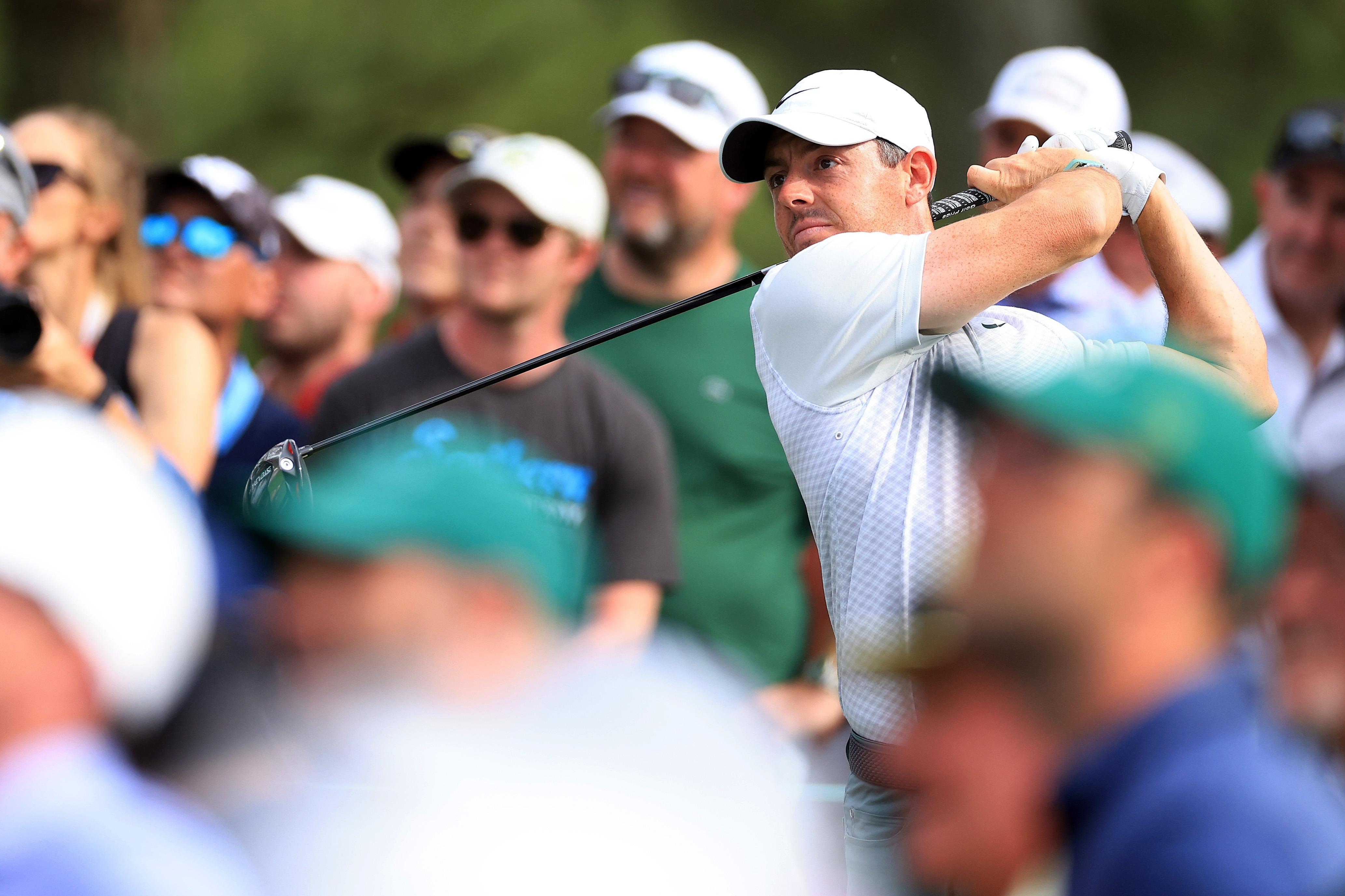 Rory McIlroy of Northern Ireland plays his shot from the 18th tee during a practice round prior to the Masters at Augusta National Golf Club.