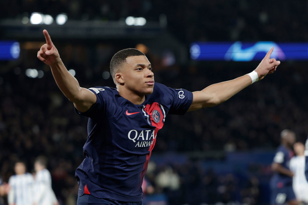 Kylian Mbappe of Paris Saint Germain celebrates at the Parc des Princes.