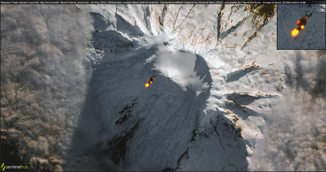 Lava is seen spilling down the side of Mawson Peak, one of Australia's only active volcanoes.