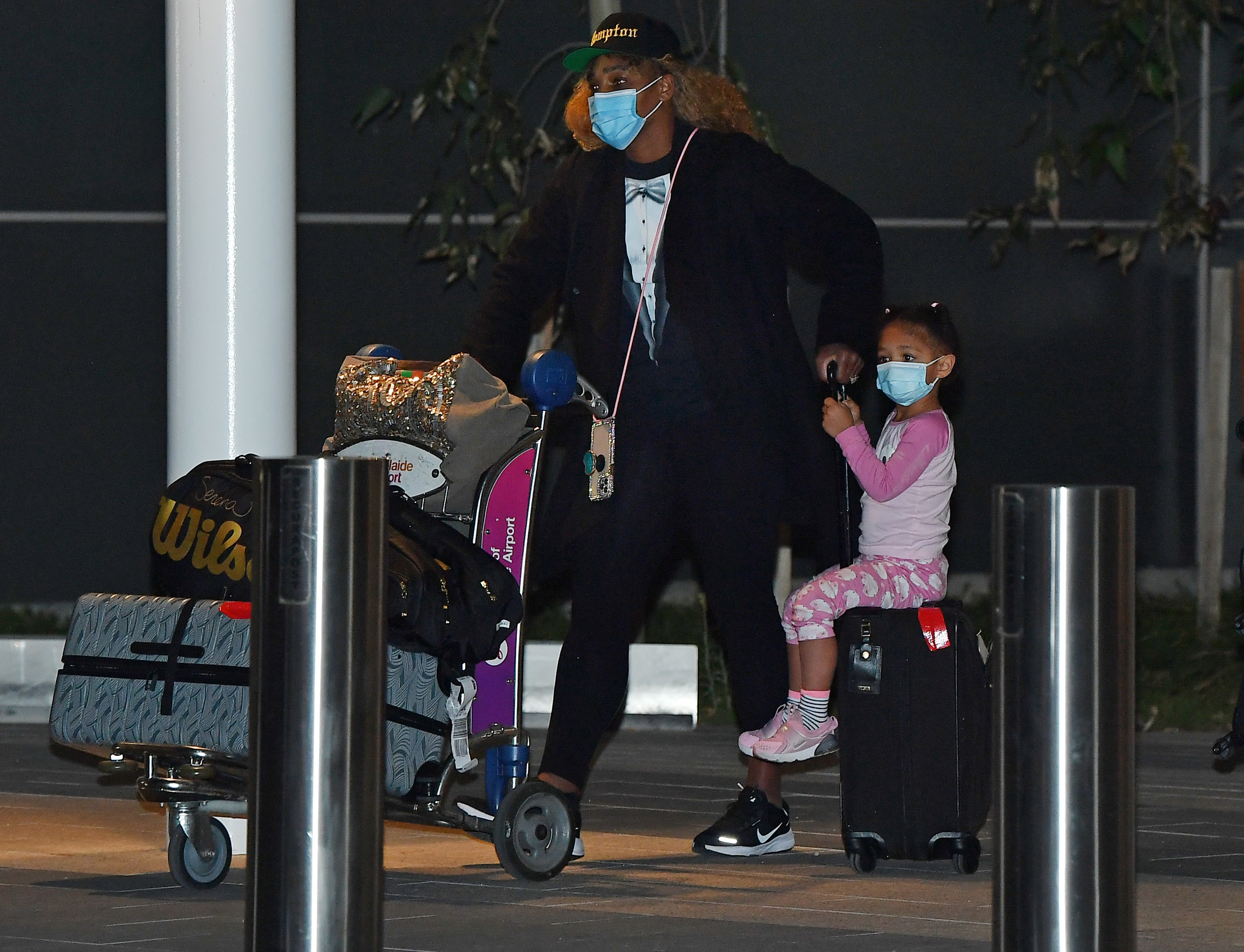 Serena Williams with her daughter Alexis Olympia Ohanian Jr. arrives at Adelaide Airport.