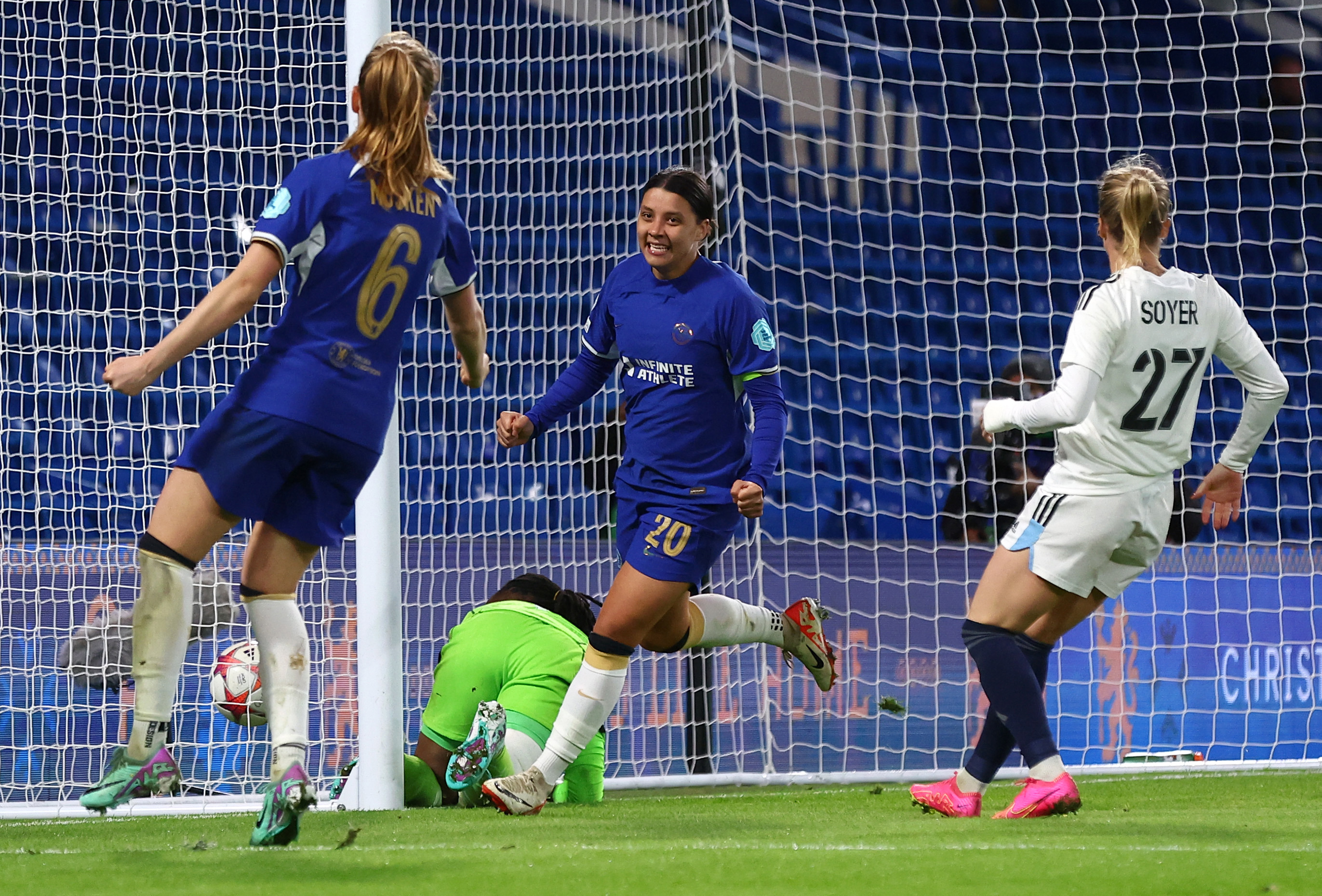 Sam Kerr celebrates scoring Chelsea's second goal during its UEFA Women's Champions League group stage match against Paris FC at Stamford Bridge.