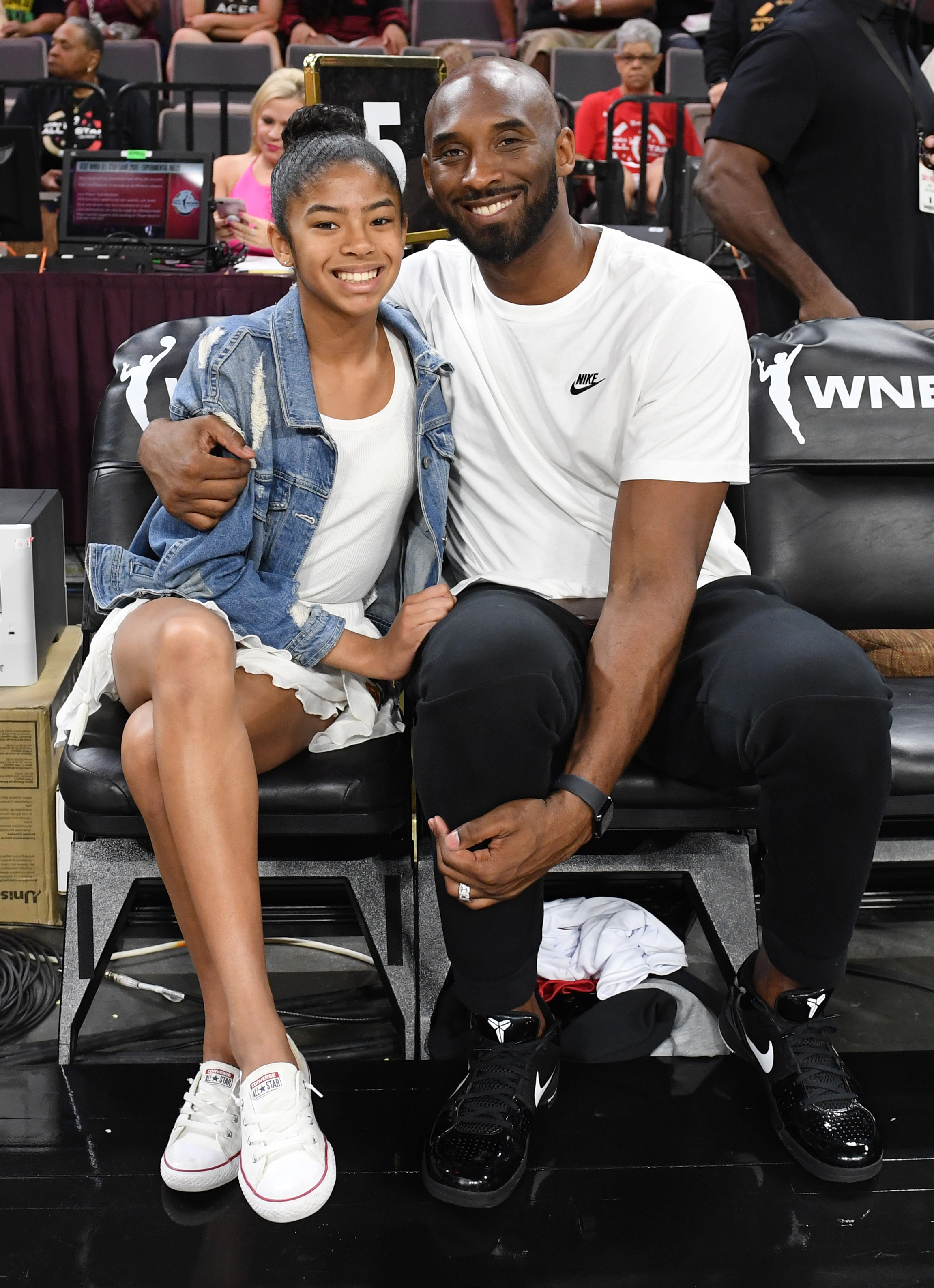 Gianna Bryant and her father, former NBA player Kobe Bryant, attend the WNBA All-Star Game 2019 at the Mandalay Bay Events Center in Las Vegas, Nevada