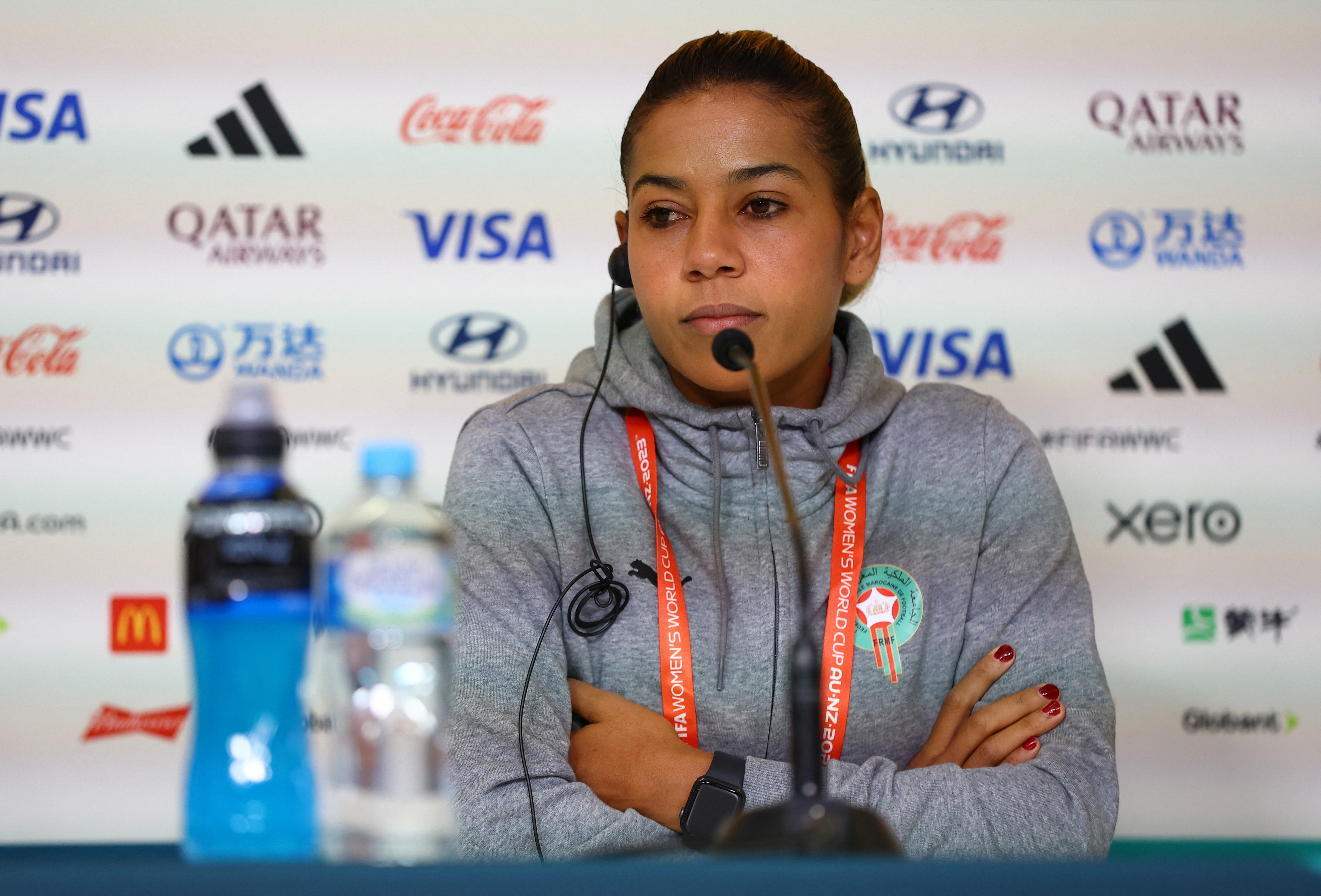 Soccer Football - FIFA Womens World Cup Australia and New Zealand 2023 - Morocco Press Conference - Melbourne Rectangular Stadium, Melbourne, Australia - July 23, 2023 Morocco's Ghizlane Chebbak during the press conference REUTERS/Hannah Mckay