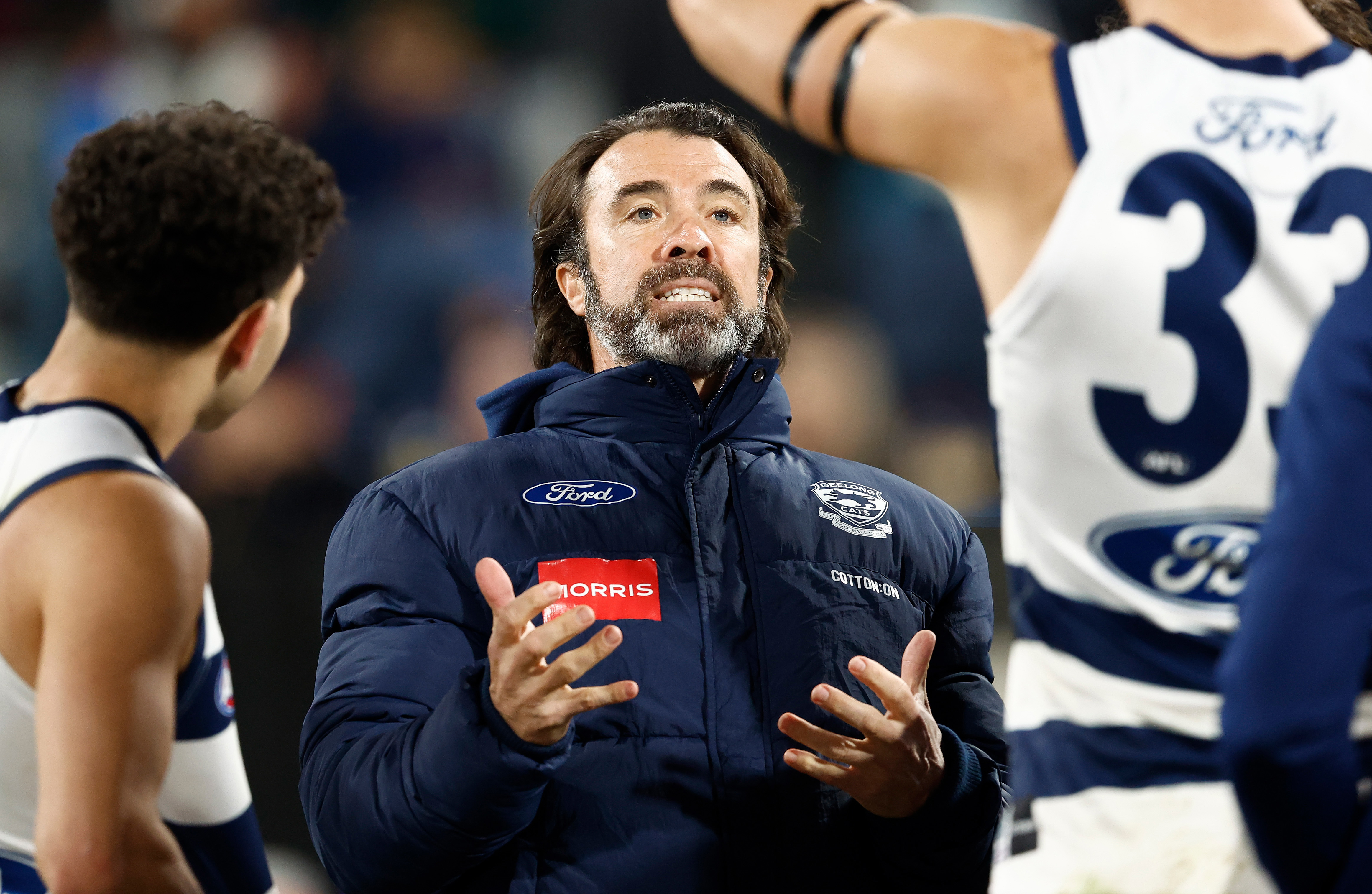 Chris Scott, Senior Coach of the Cats addresses his players during their round 17 clash with Hawthorn.