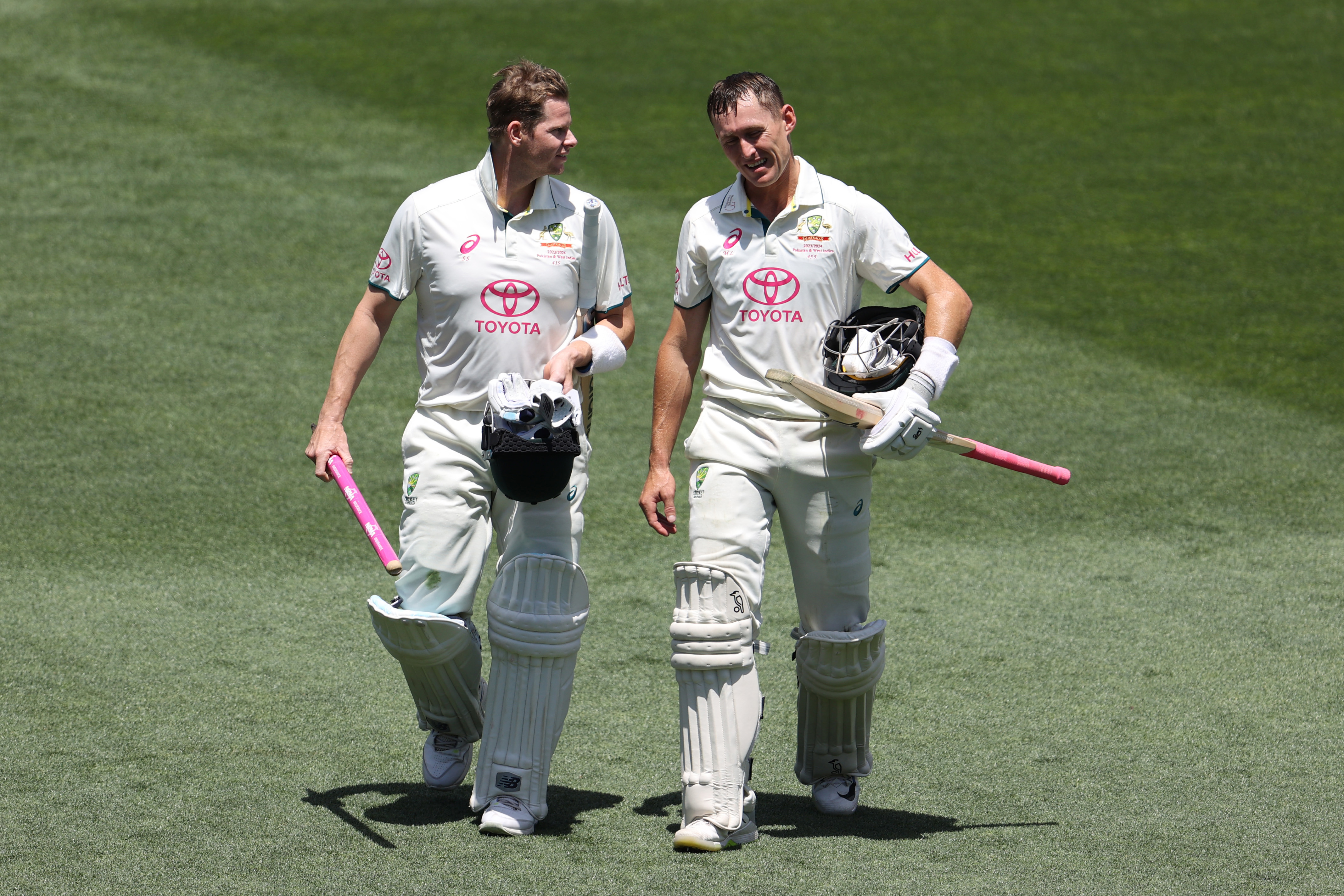 Steve Smith and Marnus Labuschagne of Australia walk off after beating Pakistan during day four of the Men's Third Test Match in the series between Australia and Pakistan at Sydney Cricket Ground on January 06, 2024 in Sydney, Australia. (Photo by Jason McCawley - CA/Cricket Australia via Getty Images)