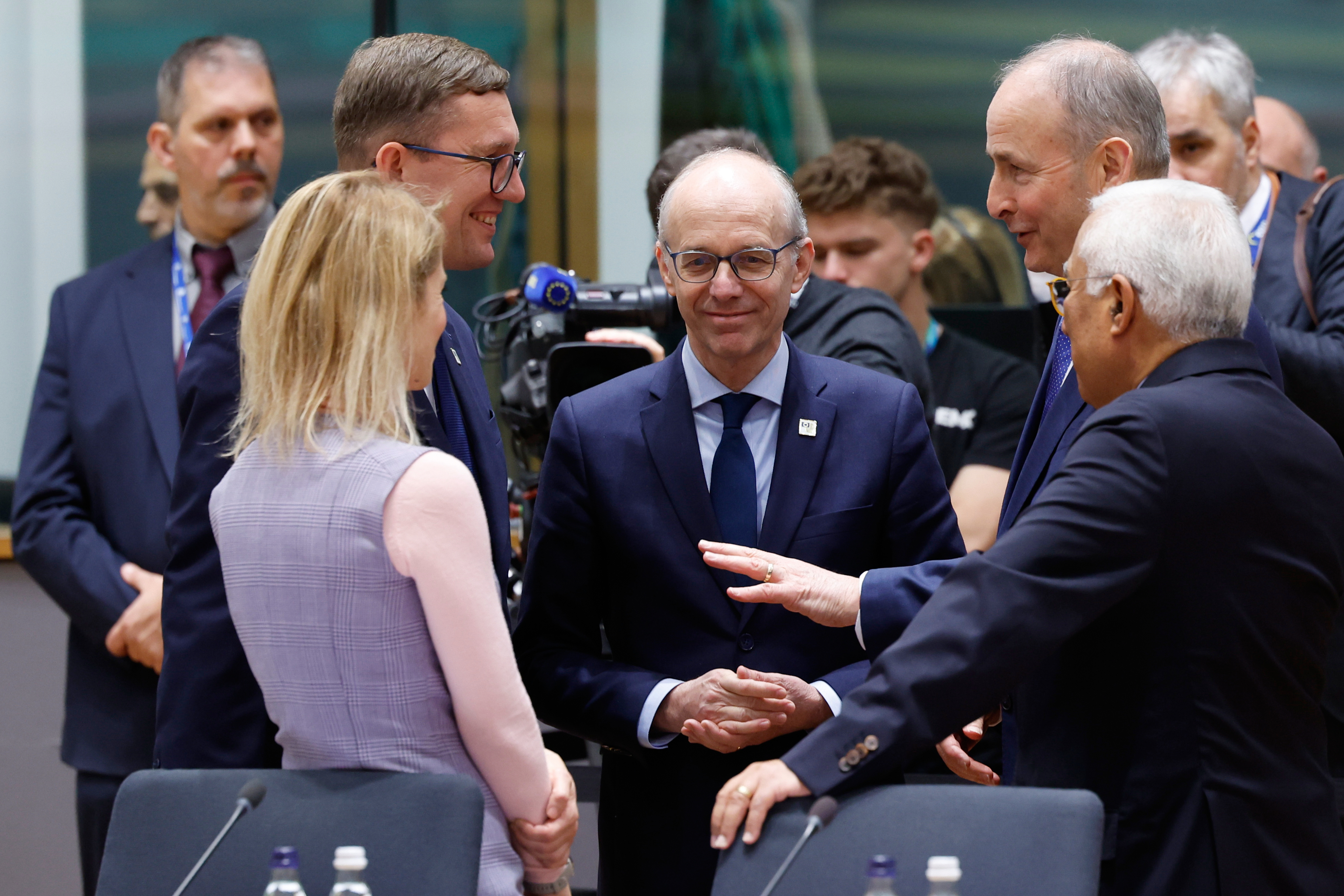 From second left, European Union foreign policy chief Kaja Kallas, Estonia's Prime Minister Kristen Michal, Luxembourg's Prime Minister Luc Frieden, Ireland's Prime Minister Michael Martin and European Council President Antonio Costa