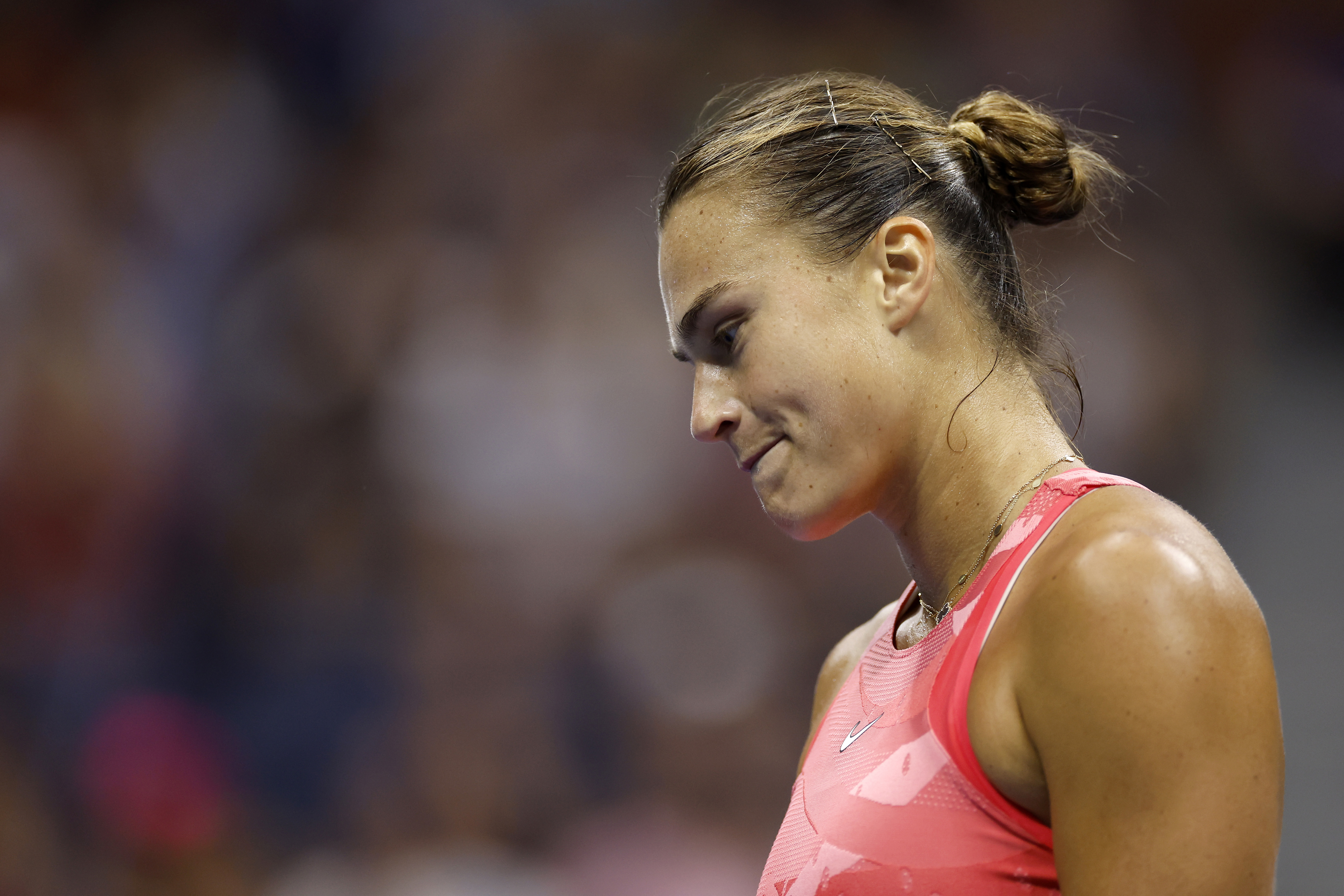 Aryna Sabalenka of Belarus reacts after a point against Coco Gauff of the United States during their Women's Singles Final match on Day Thirteen of the 2023 US Open at the USTA Billie Jean King National Tennis Center on September 09, 2023 in the Flushing neighborhood of the Queens borough of New York City. (Photo by Sarah Stier/Getty Images)