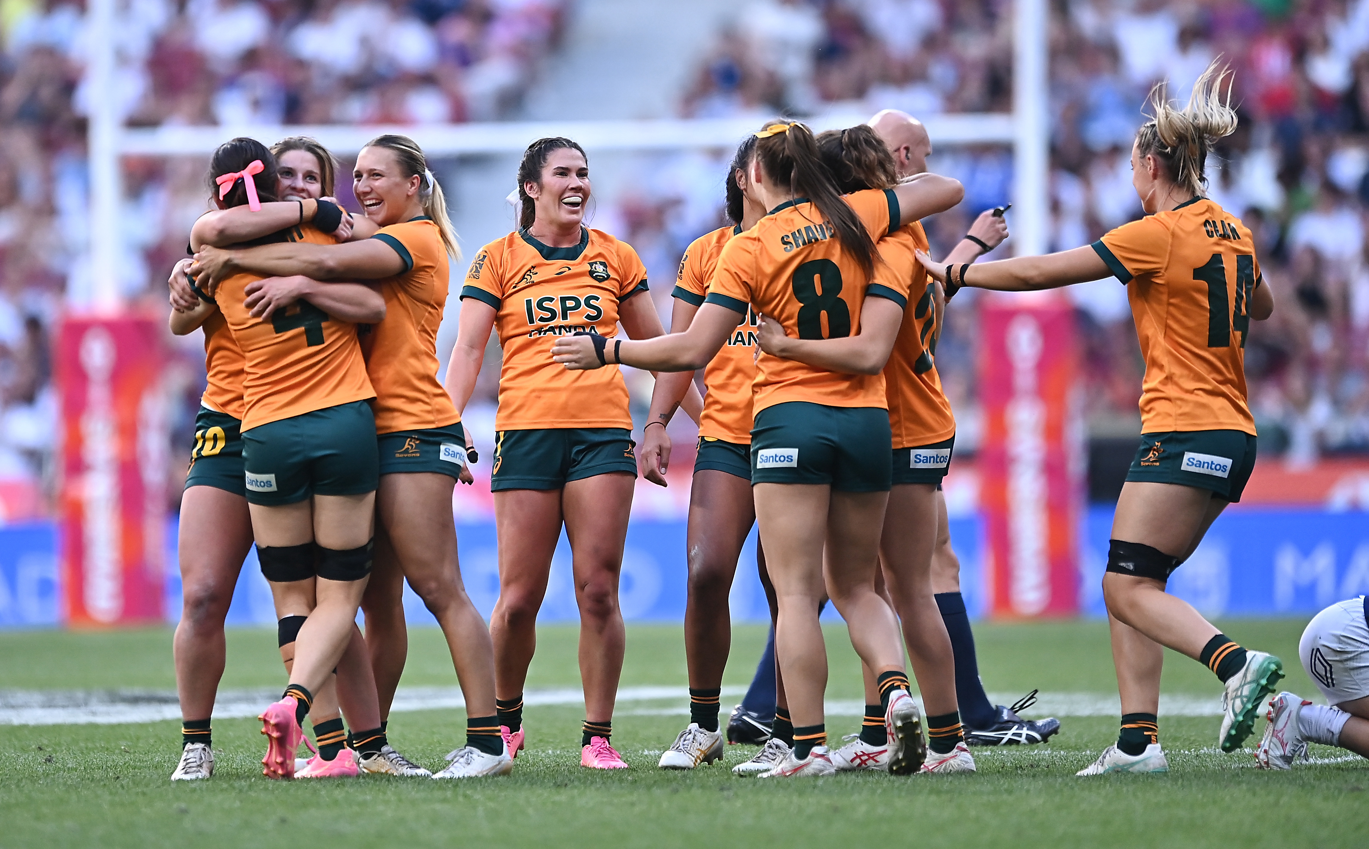 The Australian team celebrate on the final whistle after beating France in the HSBC Madrid Rugby Sevens Final match at Civitas  Metropolitano Stadium on June 02, 2024 in Madrid, Spain. (Photo by Denis Doyle/Getty Images)