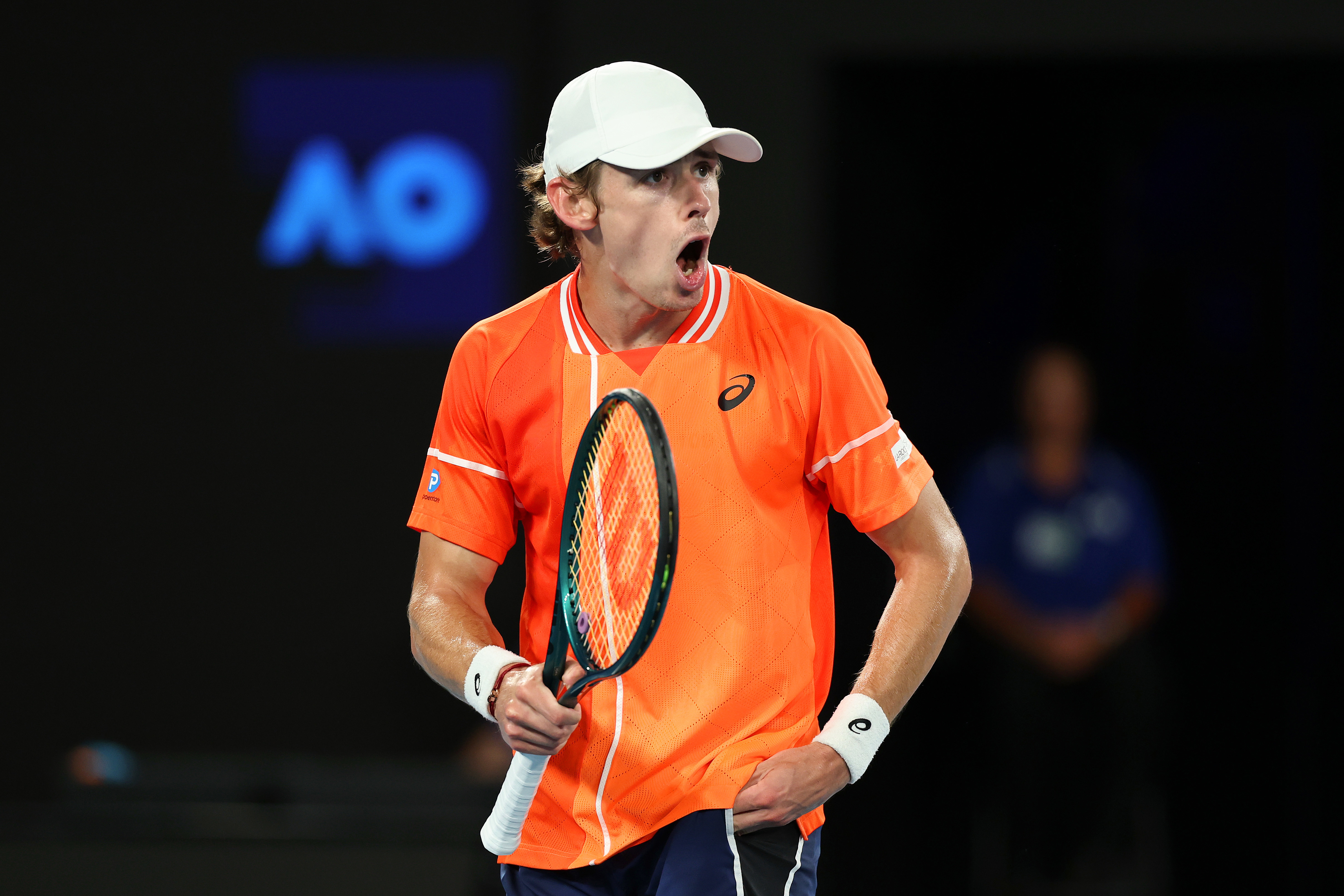 MELBOURNE, AUSTRALIA - JANUARY 17: Alex de Minaur of Australia reacts in their round two singles match against Matteo Arnaldi of Italy during the 2024 Australian Open at Melbourne Park on January 17, 2024 in Melbourne, Australia. (Photo by Cameron Spencer/Getty Images)